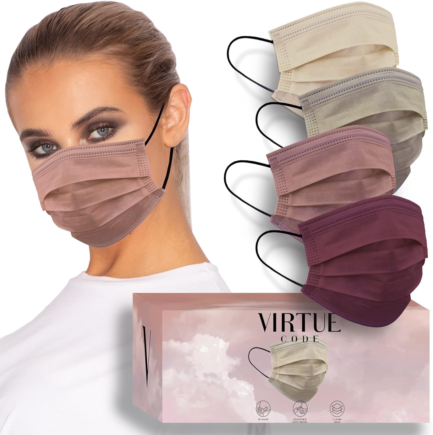 VIRTUE CODE 50 Disposable Face Masks for Men and Women. Face Mask with Elastic Ear Loops image number 1