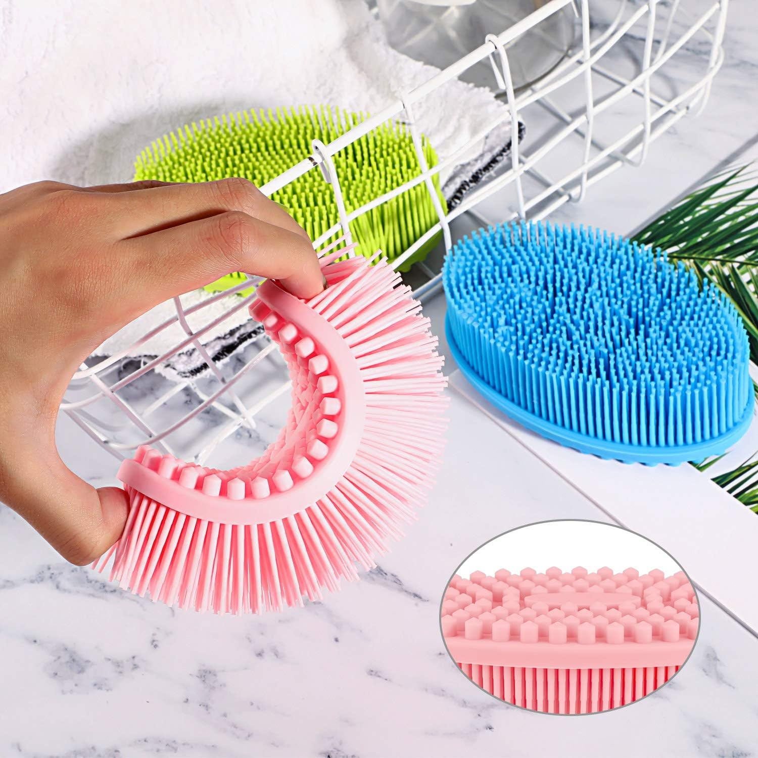 BBTO 3 Pieces Exfoliating Silicone Body Scrubber Body Silicone Scrubber Brush Silicone Body Wash Scrubber for Skin Exfoliation, 3 Colors (Pink, Blue and Green) - Blue,Green,Pink image number 6