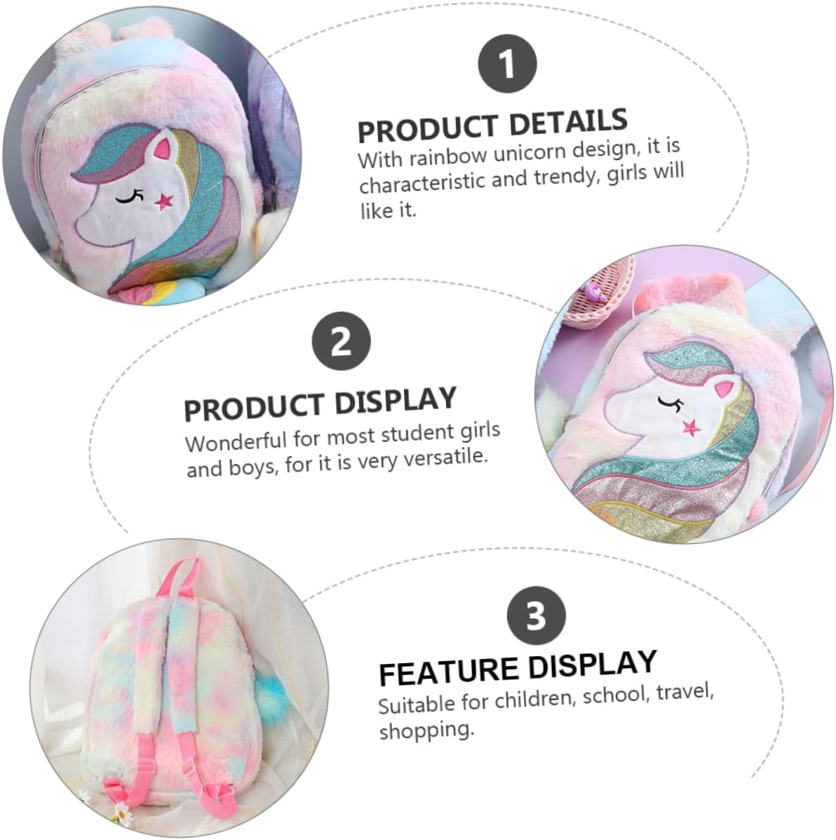 CATIEBYE Rainbow Unicorn Plush Boys and Girls Backpack Soft Shoulder Schoolbag for Boys and Girls Children Colorful Cute Bookbag for Primary School image number 6