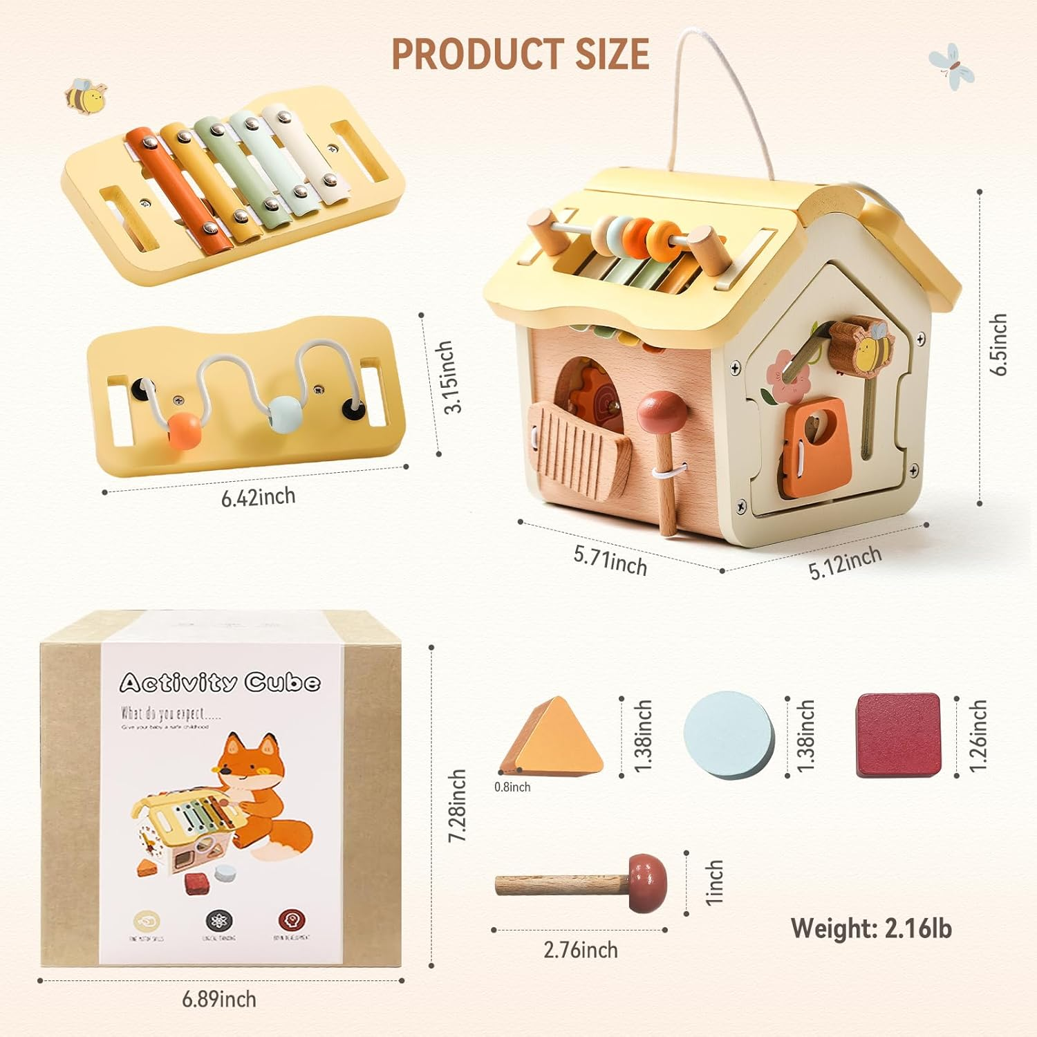 Wooden Activity Cube Toys for Baby Sensory Toys for Toddlers 2-3 Multipurpose Educational Learning Shape Sorter Montessori Toy to Baby Gifts image number 2