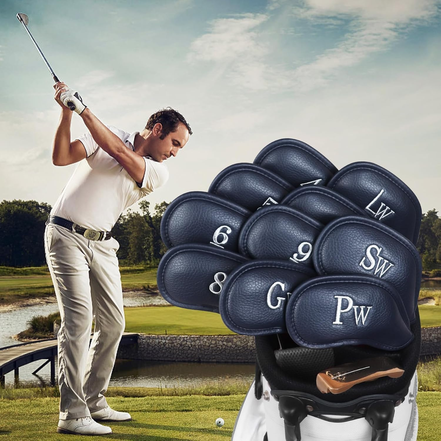 LYSAIMG 12Pcs Golf Head Covers, Deluxe Club Headcover, Universal Fit, Main Iron Clubs (3-9 Pw Aw Sw Lw Lw), Black, Faux Leather, Golf image number 4