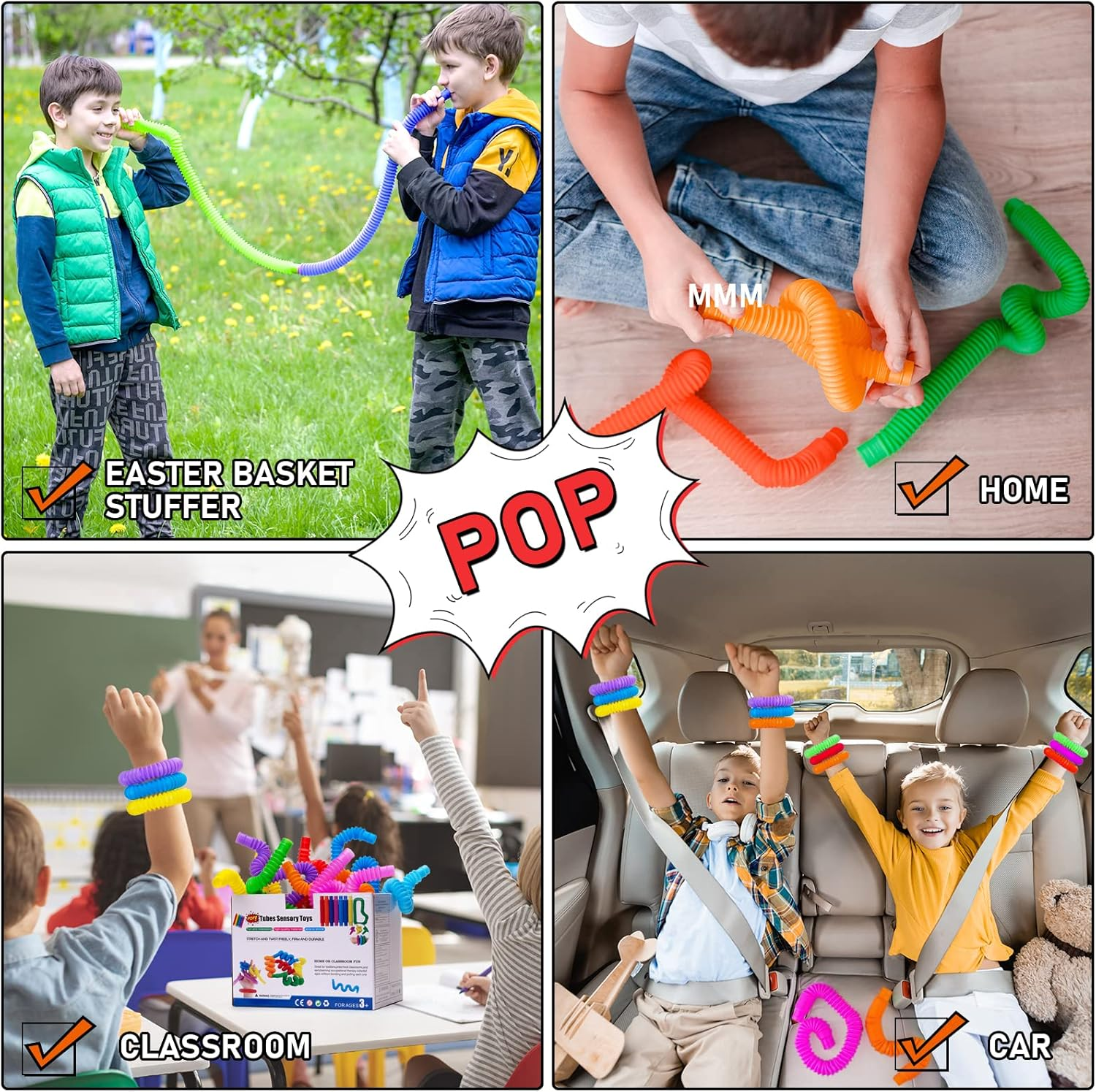 12 Pack Pop Tubes Sensory Toys with 6 Colors for Kids&Toddlers,Stress and Anxiety Relief Fidget Toy ,Imaginative Play & Fine Motor Skills Learning,Tons of Ways to Play,Connect, Stretch, Twist & Pop image number 1