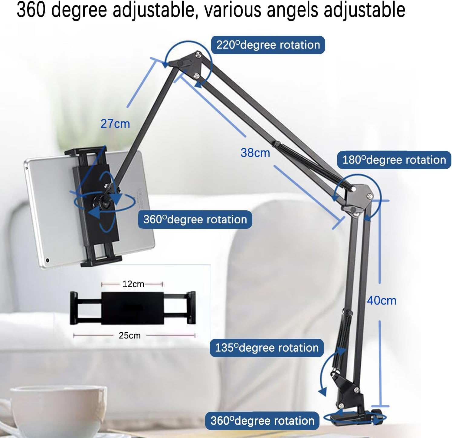 KIYOSAKI Tablet Stand & Phone Holder for Bed,360 Degree Rotating Bed Tablet Mount Holder Stand with Aluminum Arm for Ipad,Iphonexs,N-Switch, Amazon Kindle Fire,Or Other 4~12.9 Inch Devices image number 5