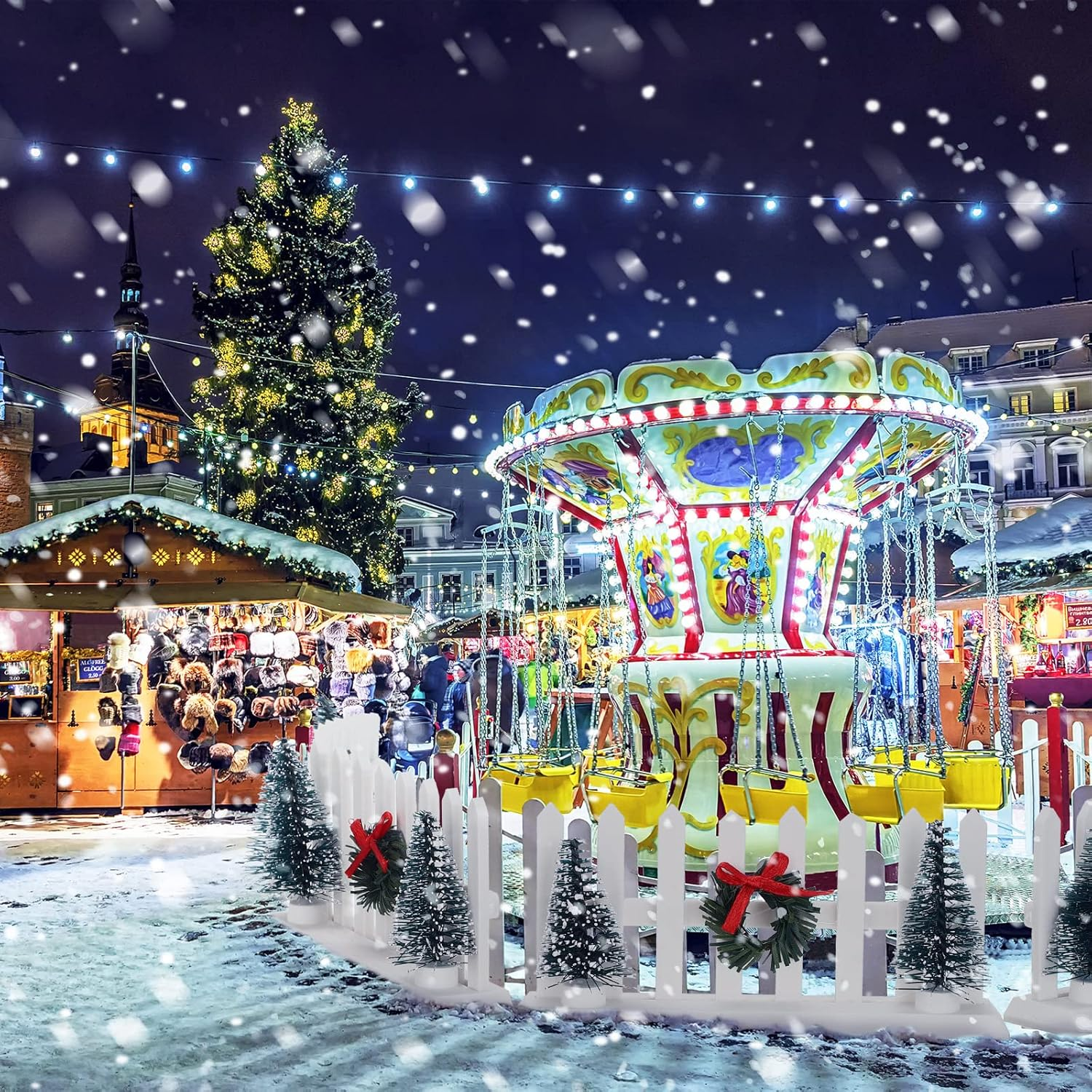 5 Pcs Christmas Village Decorative Fences Entry Gate Lit Figurine Christmas Wreath Tree Picket Fence Snow Accessories for Village Collections Snow Fence Figurine（White Series） image number 3