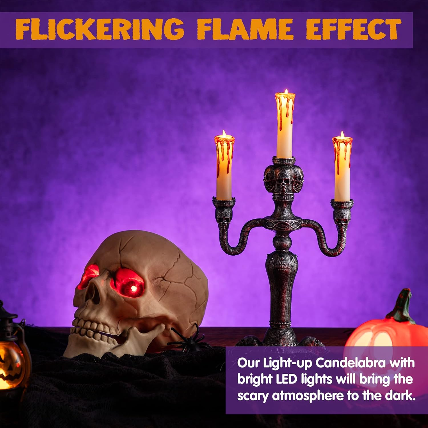 JOYIN 2 Pcs Skull Candelabra Halloween Decorations Indoor LED Lights Candles Holder Table Home, Scary Haunted House Mansion Decor