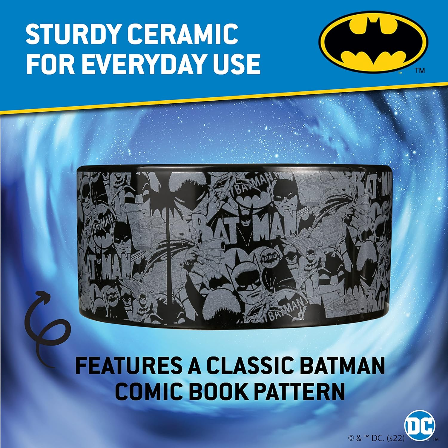 DC Comics Vintage Batman Black Ceramic Dog Bowl, 6-Inch | Black Ceramic Dog Bowl with Official DC Comics Batman Logo | Medium Dog Food Bowl or Water Bowl for Dry and Wet Food | 3.5 Cups 28 Oz image number 3