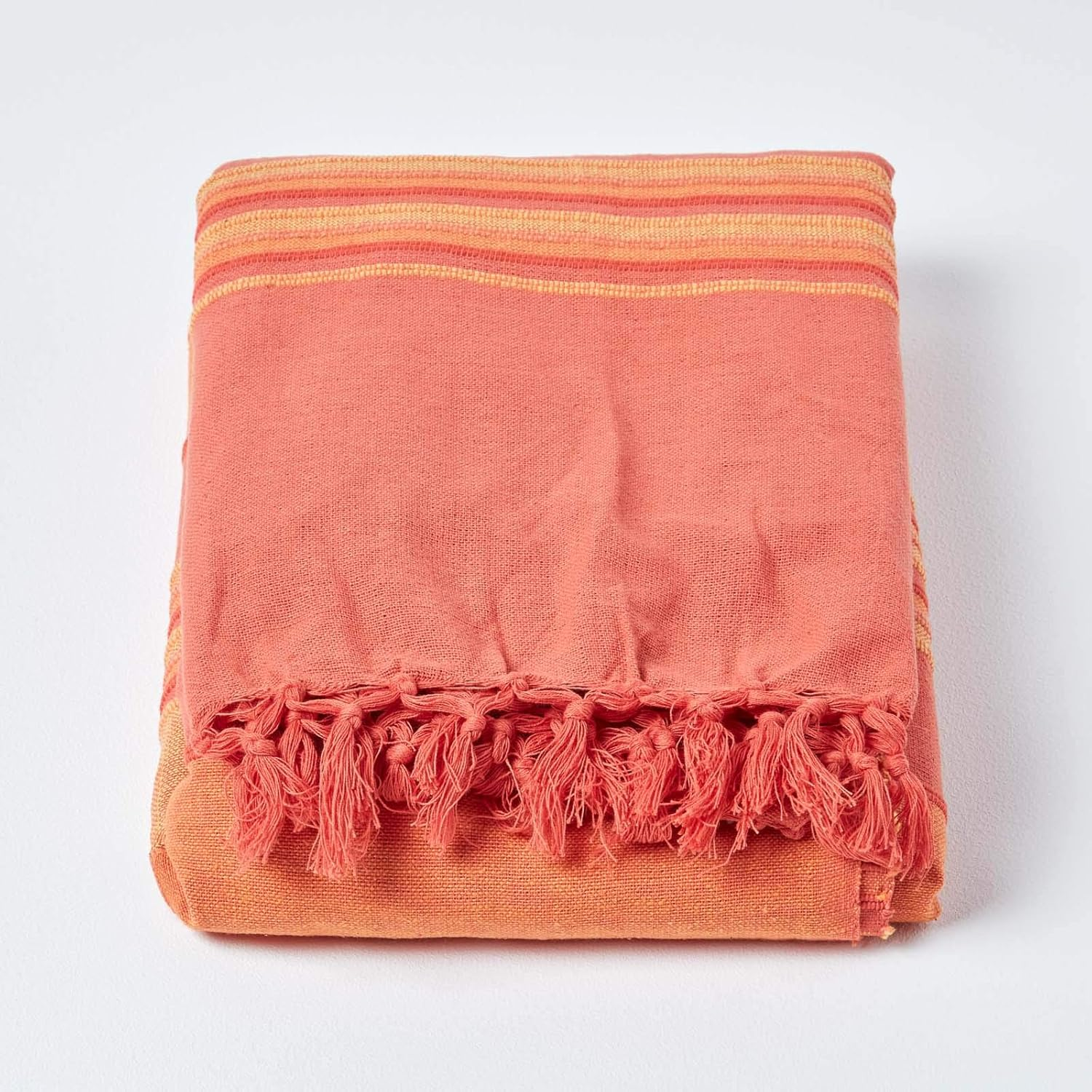 HOMESCAPES Morocco Orange Sofa Throw 100% Cotton Soft Blanket 150 X 200 Cm Orange Terracotta Striped with Fringes image number 5