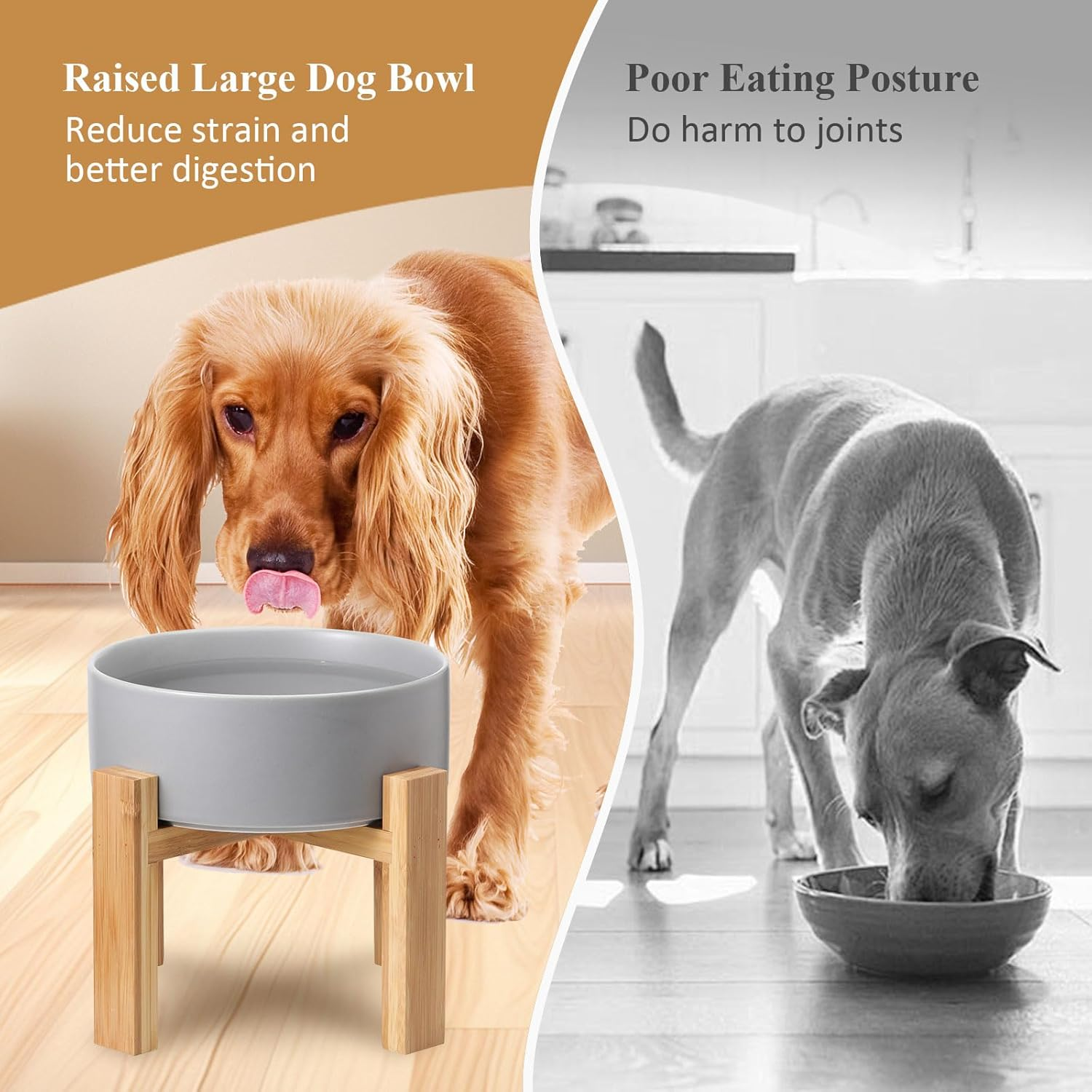 Raised Ceramic Large Dog Bowl - Heavy Weighted Dog Dish with Bamboo Stand - Elevated for Comfortable Feeding - 8.3" W X 8" H - 4.5 Cups (68 Fl Oz) - White image number 5