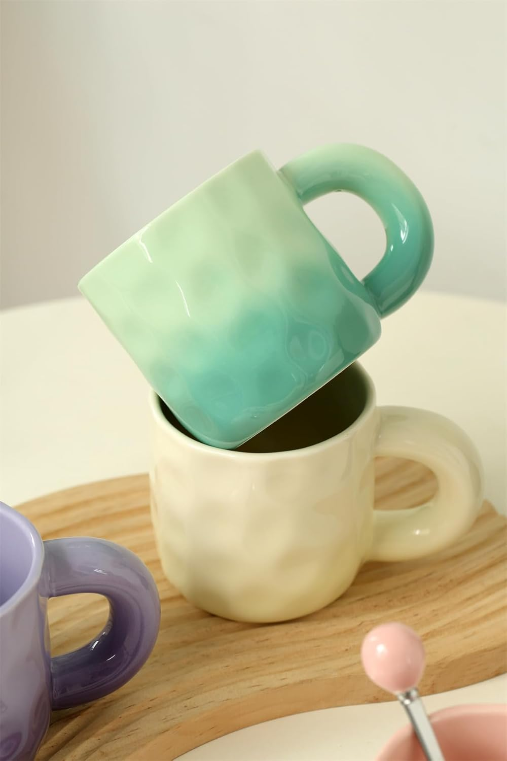 TREEWOO Creative Gradient Macaroon Color Ceramic Handmade Coffee Mug with Chubby Handle and Spoon Cute Breakfast Coffee Milk Cup for Family Friend (Green) - Purple image number 3