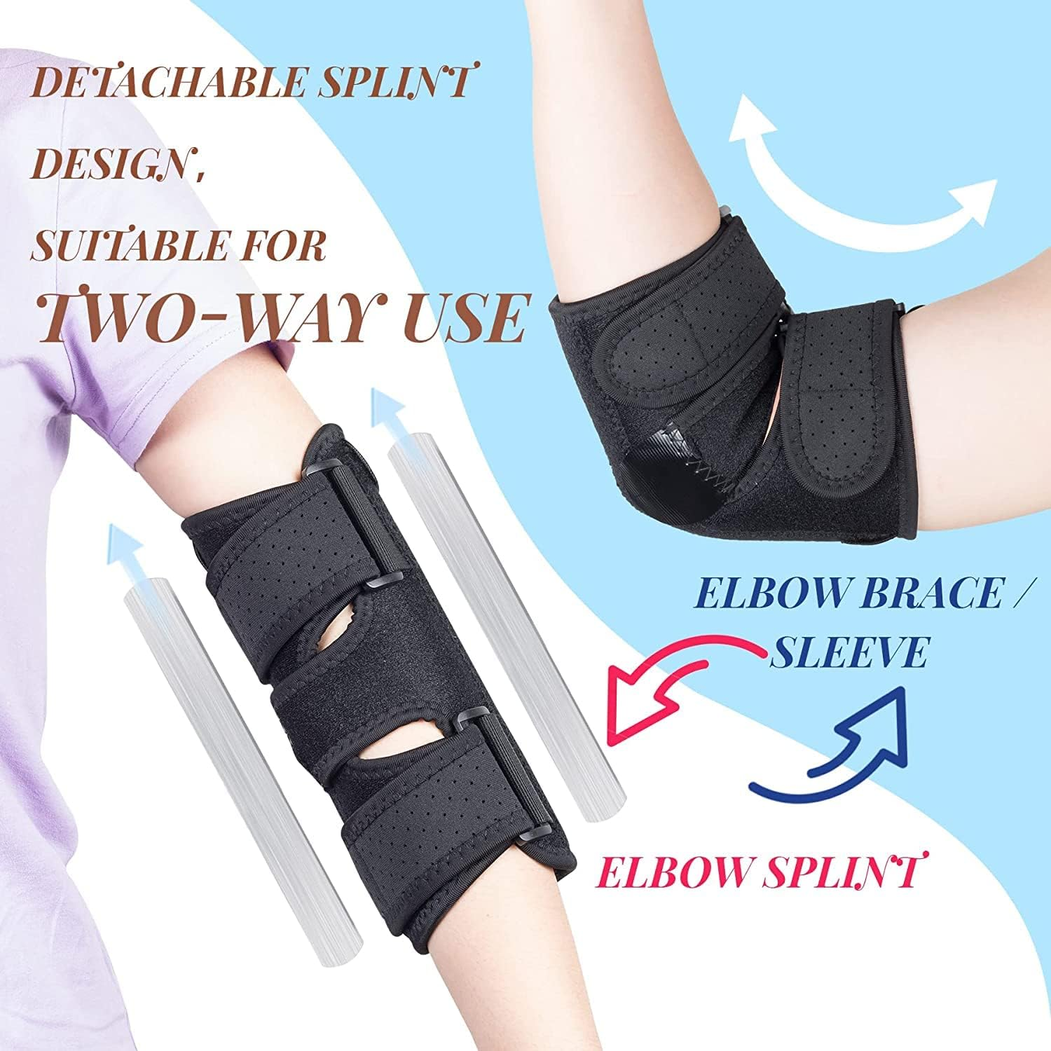 Two-Way Use Elbow Brace & Elbow Splint, Night Elbow Sleep Support, Adjustable Tendonitis Elbow Arm Brace for Ulnar Nerve Entrapment, Cubital Tunnel Syndrome, Golfers, Tennis Men & Women (Black, One Size) image number 1
