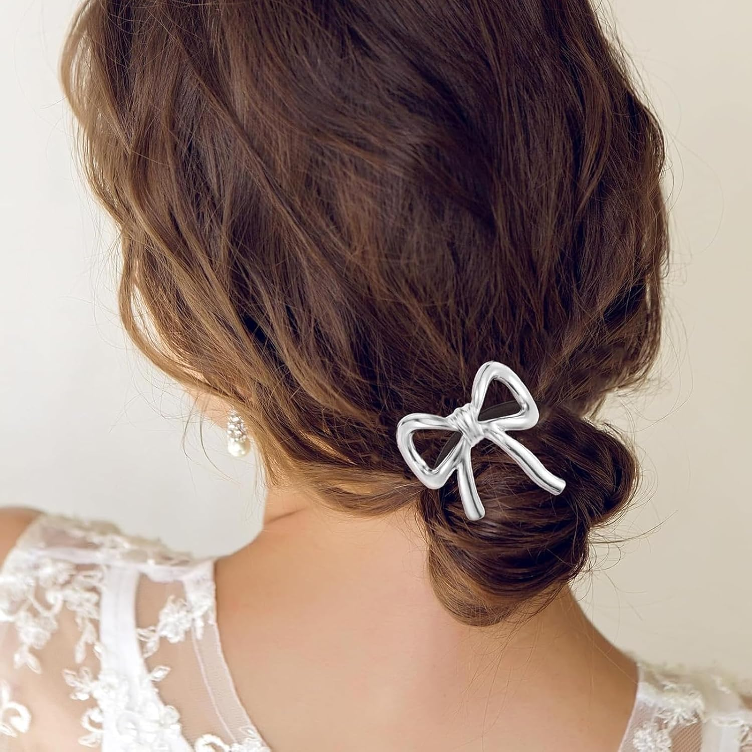 ASOMI 2 Pieces Metal Hair Ties for Women Bow and Ponytail Holder Elegant Rubber Bands for Long Thick Thin Curly Hair (Gold, Silver) image number 5