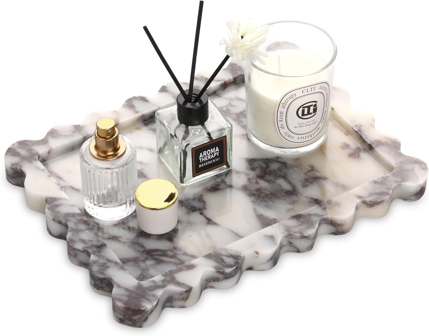 Square Marble Decorative Tray with Scalloped Edge,Luxury Natural Italian Stone Bathroom Vanity Tray, Dresser Top Perfume Coffee Home Sink Tray, Key Trinket Ring (Turkey Calacatta Viola, 8 * 8)