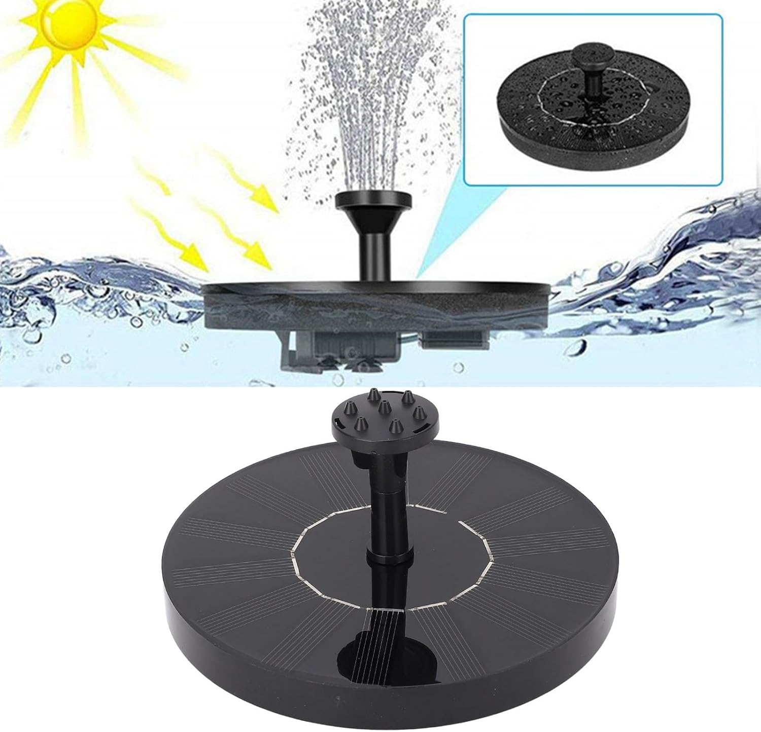 Jiawu Solar Bird Bath Fountain Pump, Small Solar Fountains with 4 Nozzles, Low Noise Waterproof Floating Powered for Bird Bath, Garden, Pool, Pond, Fish image number 1
