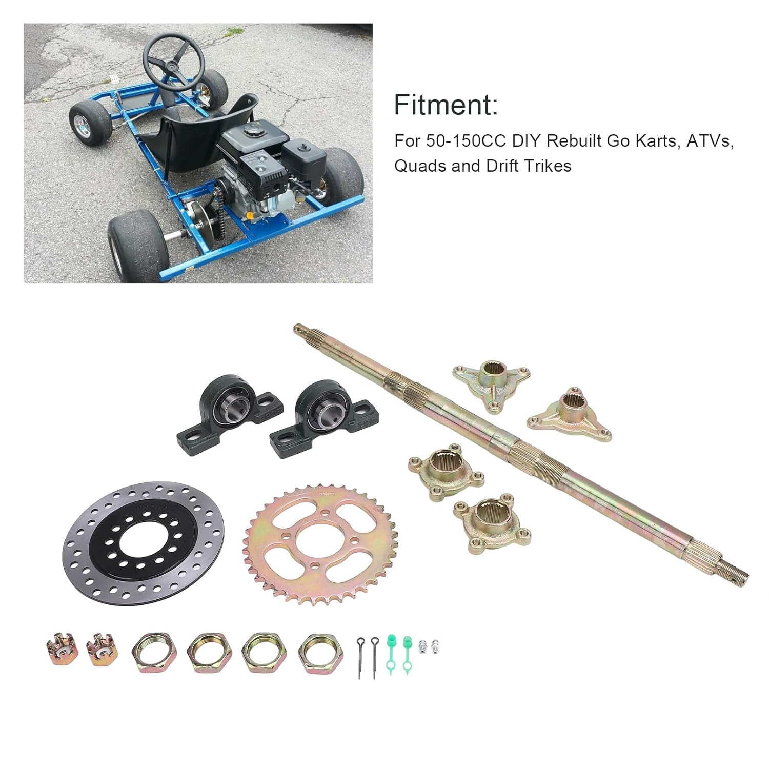 Go Kart Rear Axle Kit, 24 Inch Heavy Duty Sprocket Brake Disc Base Rear Axle Assembly Set for 50 to 150 DIY Rebuilt Atvs Quads and Drift Trikes, Dependable and Practical image number 5