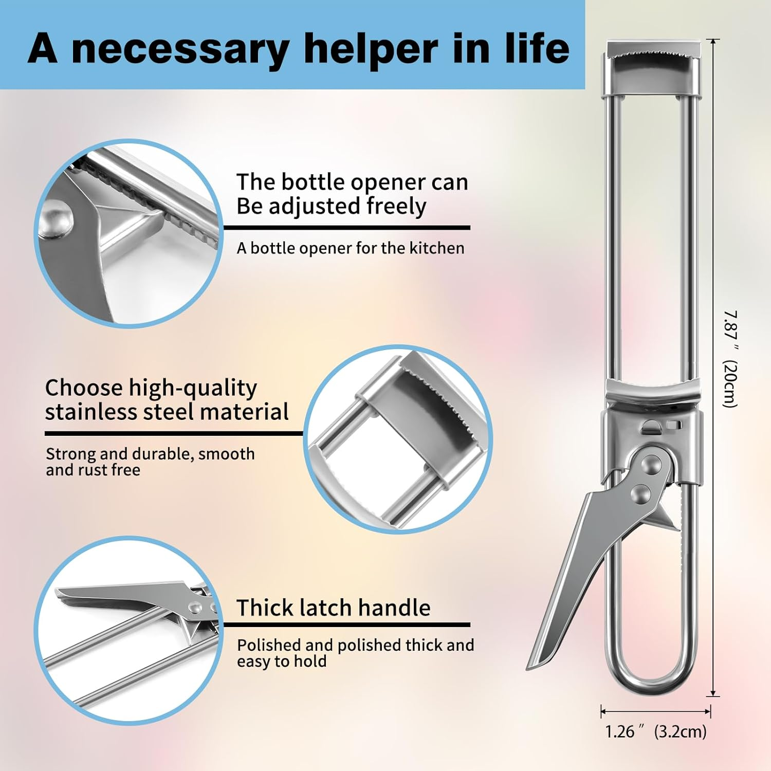 Bottle Opener & Jar Opener for Weak Hands, Adjustable Stainless Steel Can Opener, Multifunctional Jar Lid Opener Gripper for Seniors with Arthritis image number 2