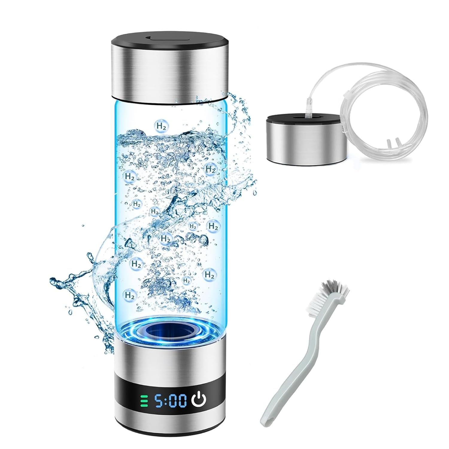 Glass Hydrogen Water Bottle, 16Oz/460Ml, 2500+ PPB, SPE/PEM Tech, LED Display, Type-C Rechargeable, Food-Grade, for Health & Daily Use