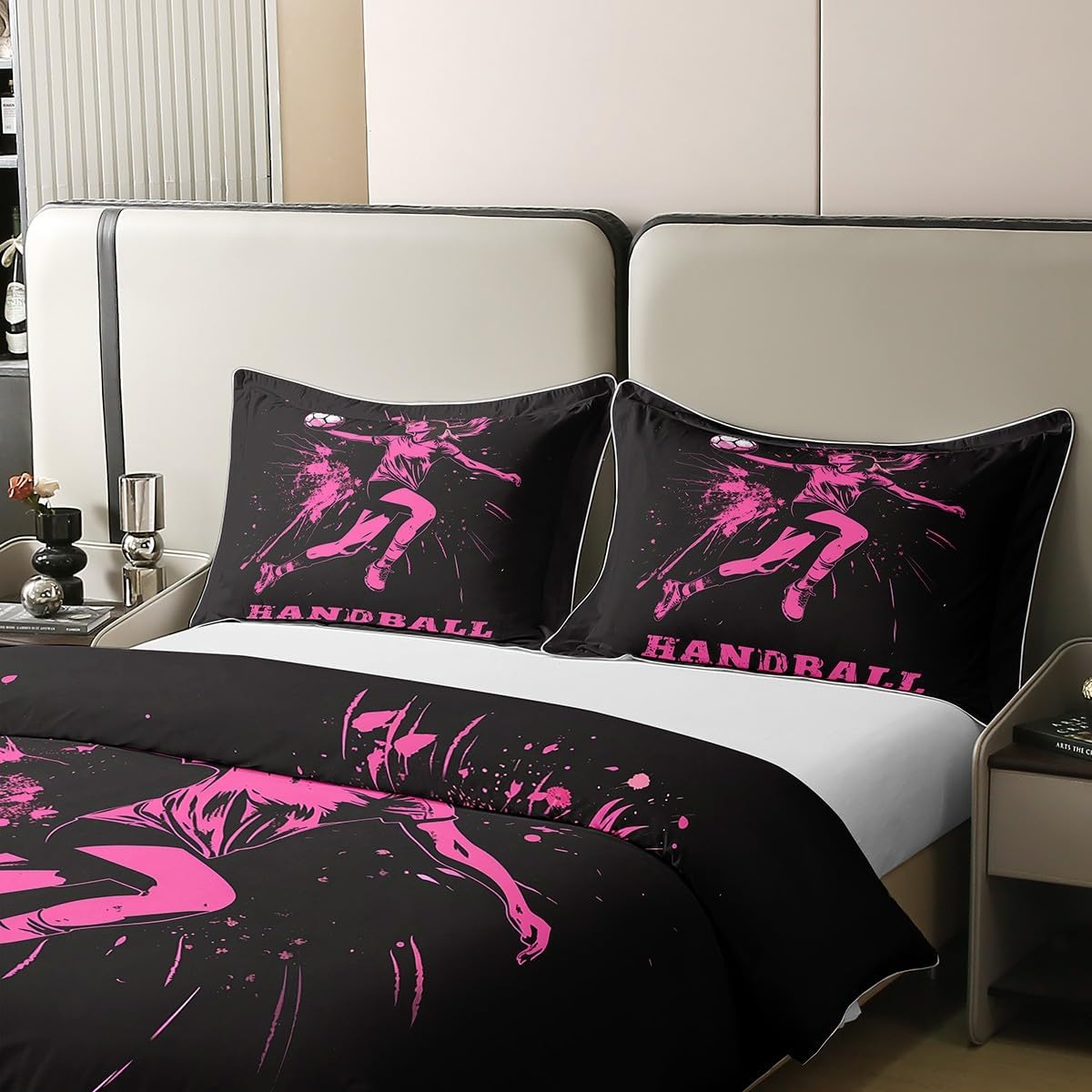 Homewish Ball Games Cotton Duvet Cover Set for Children Boys Girls Handball Bed Linen 155 X 220 Cm Ink Splash Graffiti Black Pink Bedding Set Bed Set Room Decor Soft 2-Piece image number 3