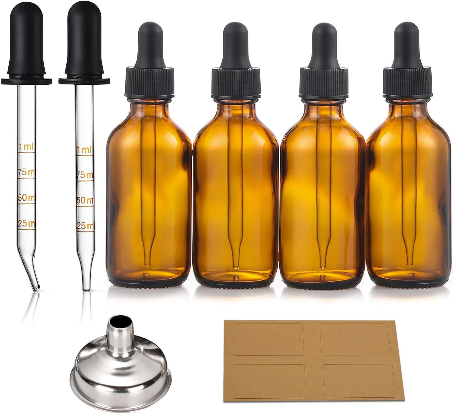 4 Pack, 2 Oz Dropper Bottles with 2Pcs Glass Pipettes(1Ml) - Essential Oils Bottles for Health, Personal Care & Beauty - 60Ml Thick Dark Amber Glass Tincture Bottle with Eye Droppers, Leakproof