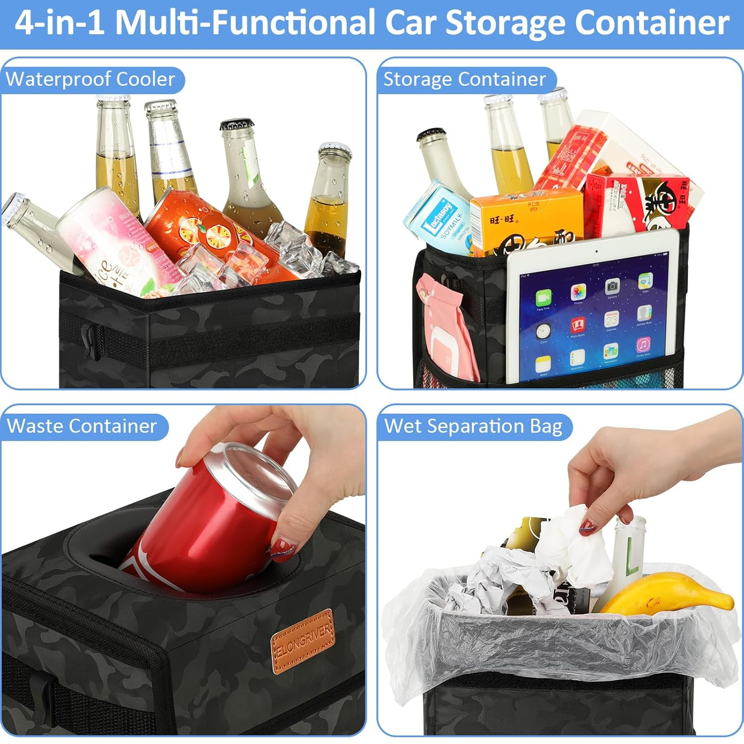 Car Trash Can Bin for Back Seat Leak Proof, Cute Car Trash Bag Hanging, Vehicle Trash Can for SUV Truck Van, Automotive Garbage Cans Front Seat Camo Black image number 5