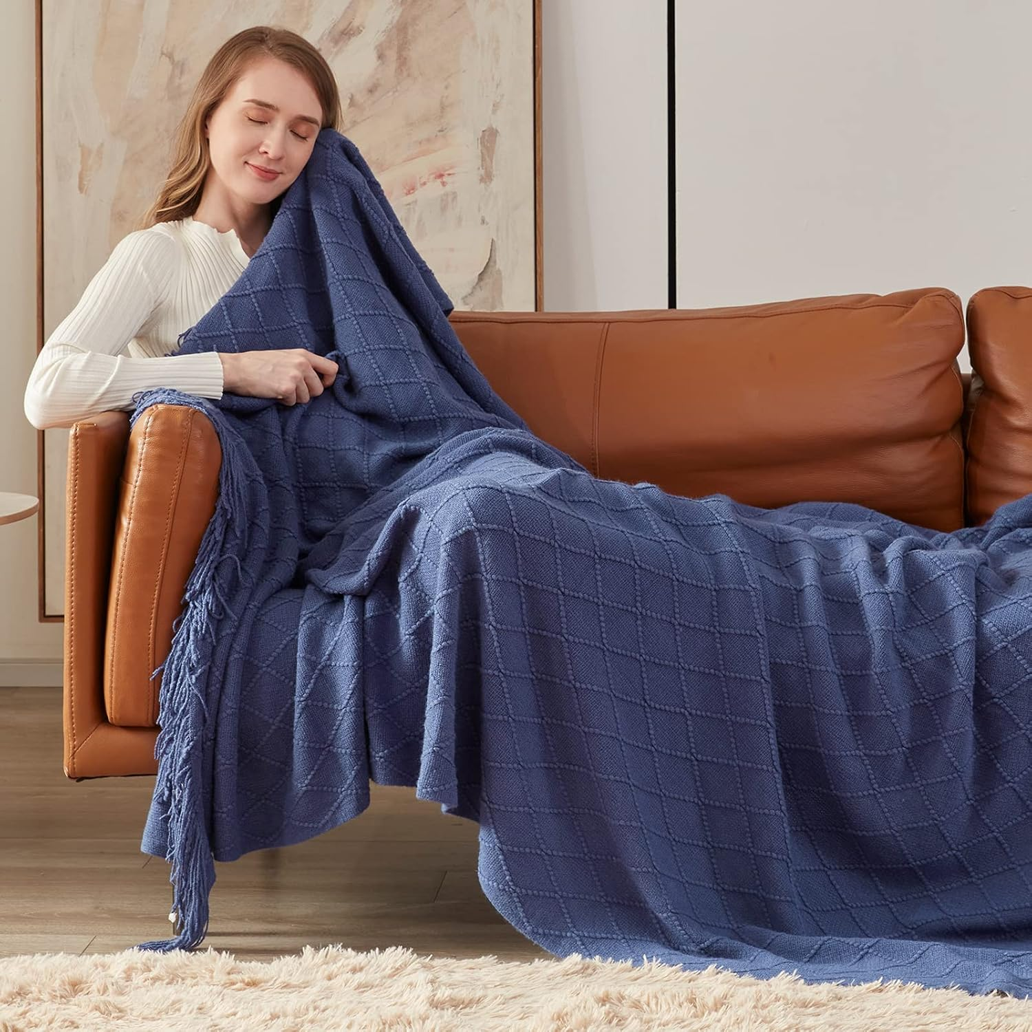 Inhand Navy Blue Throw Blanket for Couch and Bed, Soft Living Room Home Decor Knitted Blanket with Tassel, Outdoor Lightweight Breathable Summer Blanket, Farmhouse Warm Woven Decorative, 50"X60" image number 6