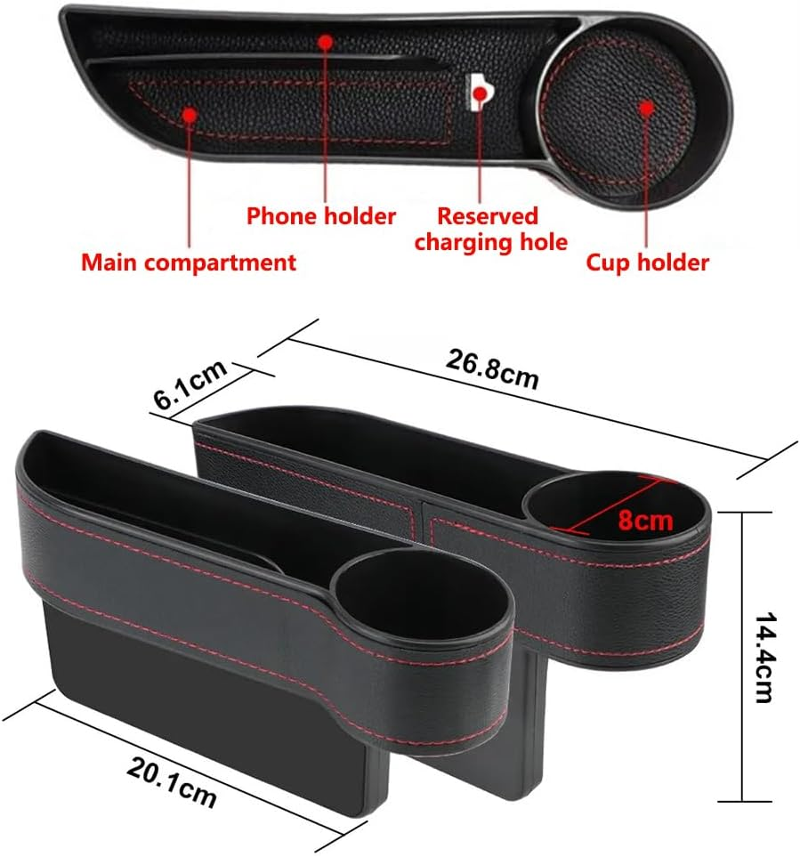 2 Pack Car Seat Gap Filler Organizer with Cup Holders &ndash; PU Leather Car Seat Side Console Storage Box for Phone, Keys, Drinks &ndash; Front Seat Organizer for Driver & Passenger image number 4