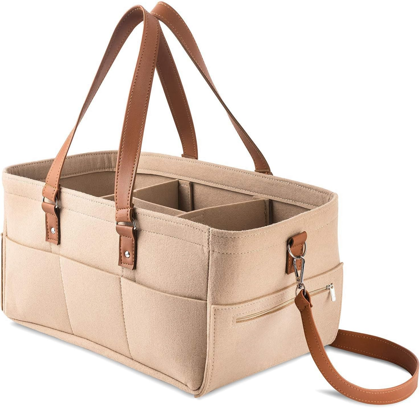 Monland Baby Diaper Organizer, Felt Basket Bag with Customizable Compartments, Leather Handles