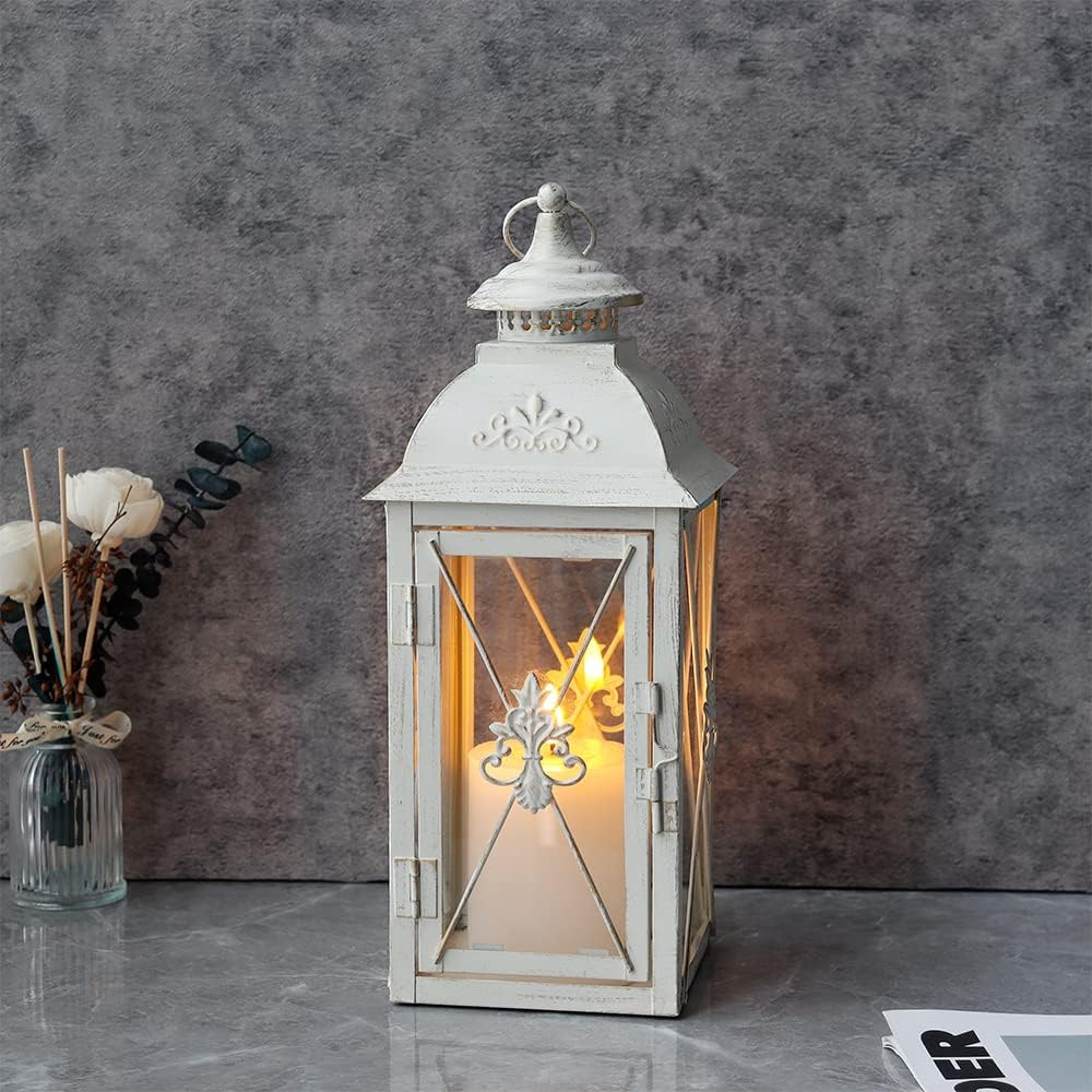 TRIROCKS Vintage Hanging Lantern - 34Cm Decorative Metal & Tempered Glass Candle Holder - Ideal for Indoor/Outdoor Events, Patio, Garden, Parties - Elegant Design with White & Gold Brush Finish image number 4