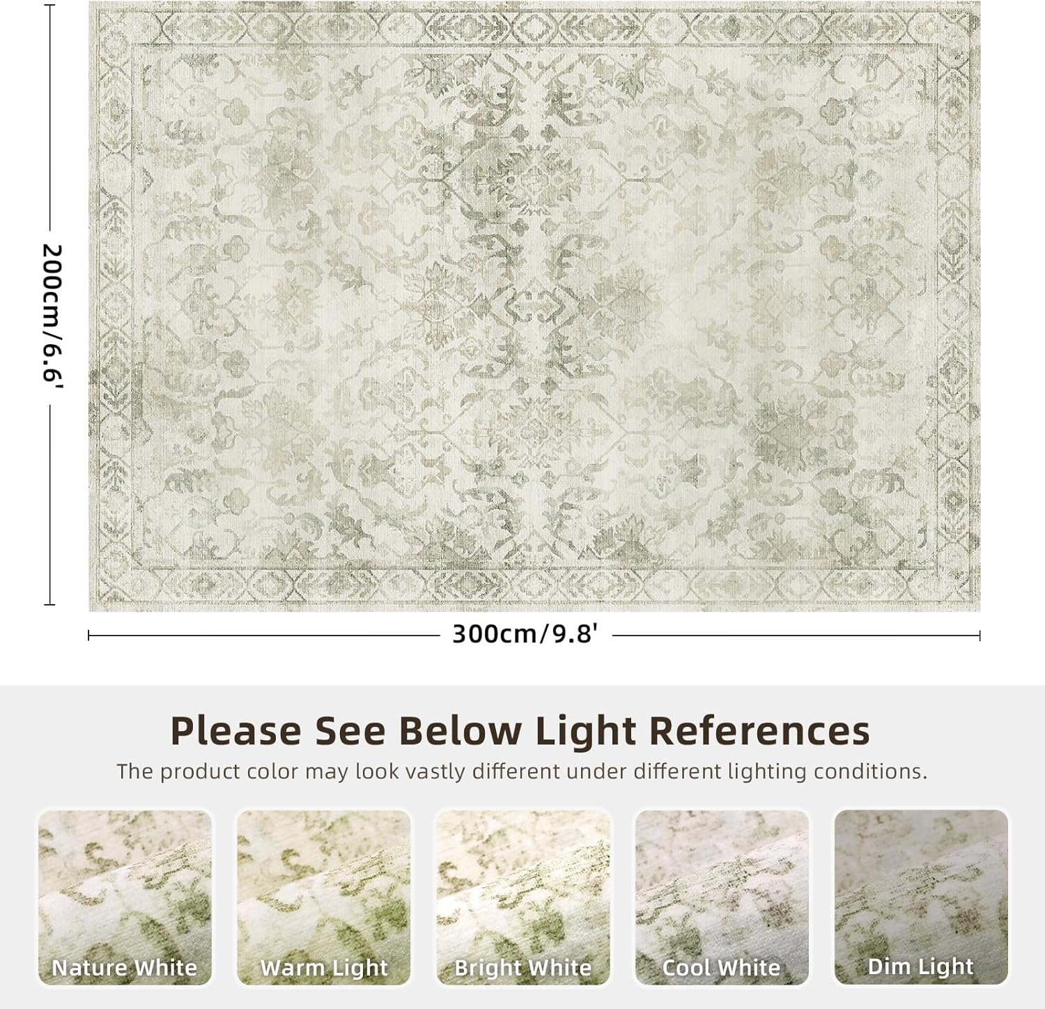 YOUZI Large Vintage Rugs for Living Room, Soft Low Pile Floral Area Rug Washable Non-Slip Boho Oriental Floor Rugs for Bedroom Kitchen Office Dining Room (Lightgreen, 200X300Cm) image number 4