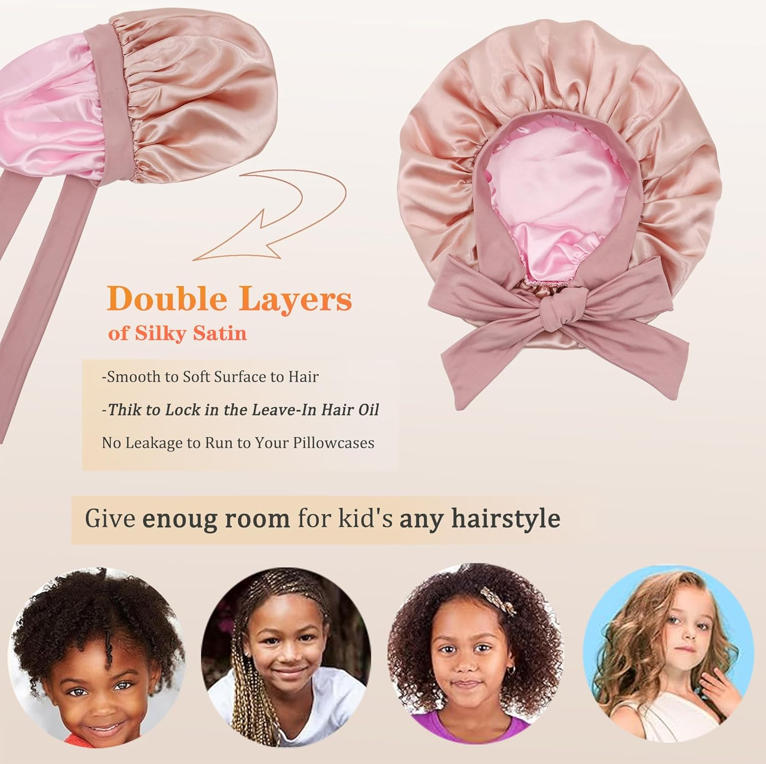 Kids Bonnet for Girls, Silk Bonnets for Kids Boys, Double Layer Satin Bonnet Sleep Cap for Child Curly Natural Hair(3-12Y) - Kids Black image number 7