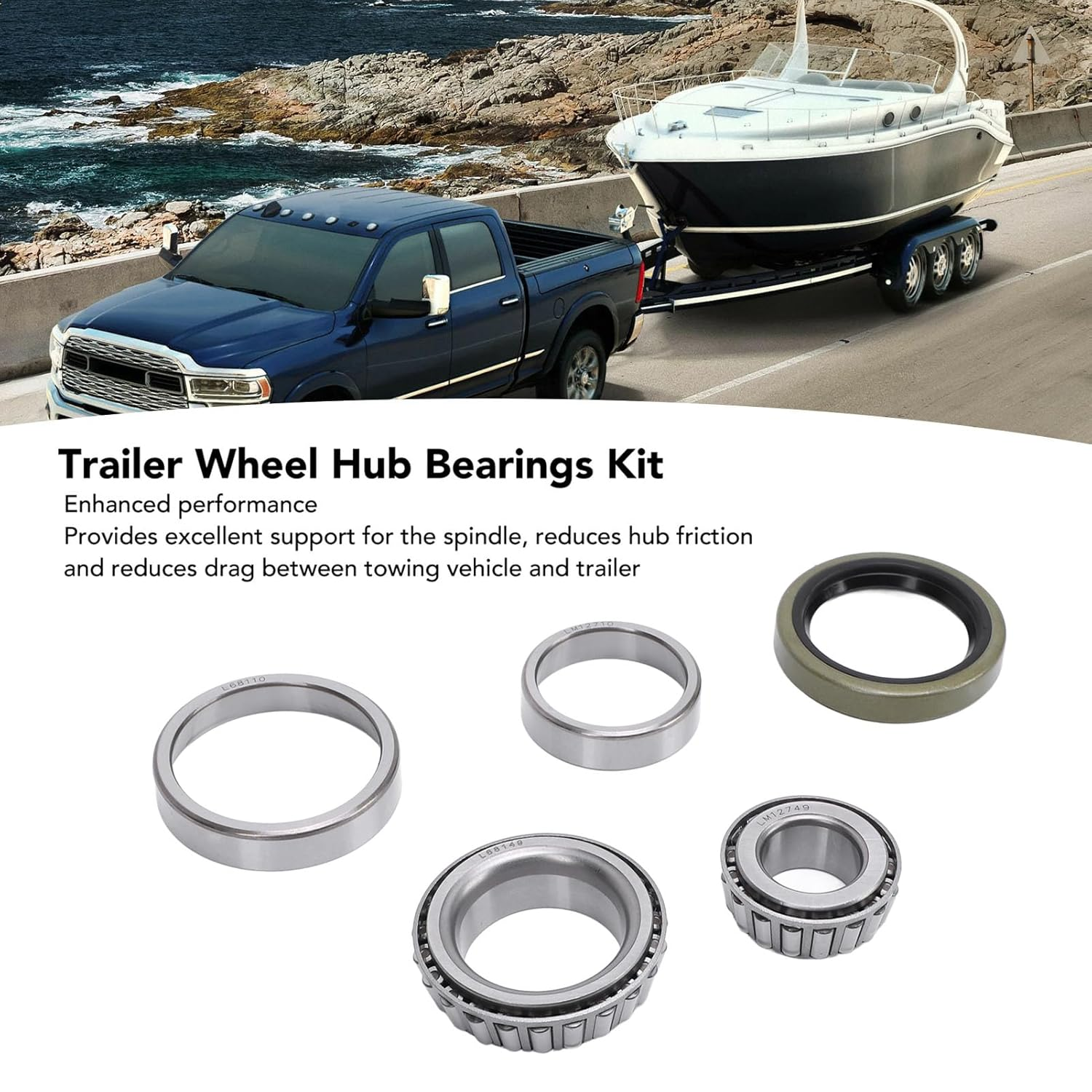5PCS Marine Trailer Bearing Kit, Steel Alloy Boat Trailer Axle Wheel Hub Bearings Set with Seals for Boat, Efficient Axle Support, Includes LM12749, LM12710, L68149, L68110