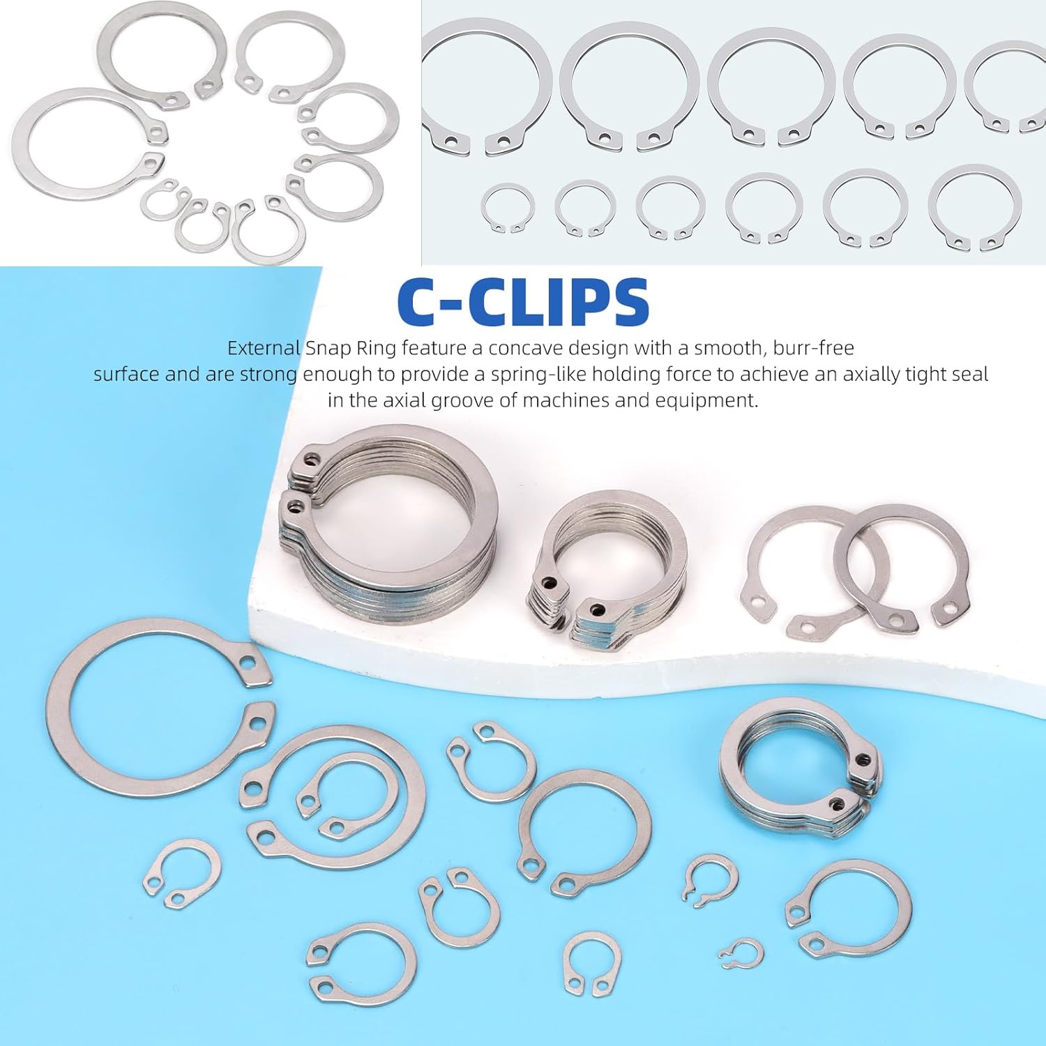 Glarks 211Pcs 21 Sizes C-Clip External Retaining Rings Assortment Set, 304 Stainless Steel 4MM-28MM Snap Ring Shop Assortment Circlip Retainer Rings with a Tweezer for Axles, Shafts and Moving Parts image number 1