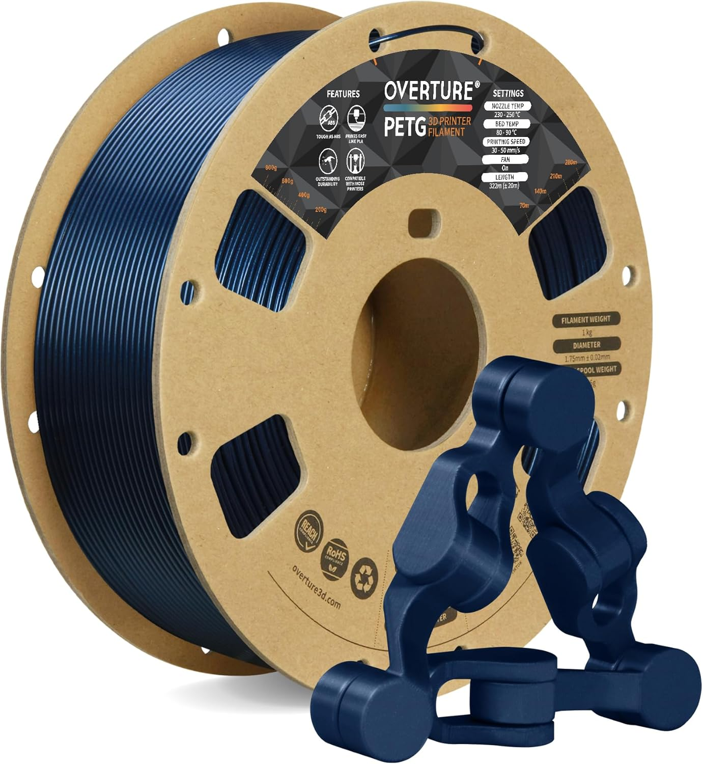 OVERTURE PETG Filament 1.75Mm, Strong & Durable PETG 3D Printer Filament, High Impact Resistance, Low Shrinkage, 1Kg Spool (2.2Lbs), Cardboard Spool, Dimensional Accuracy &plusmn;0.02Mm (Starry Blue) image number 2
