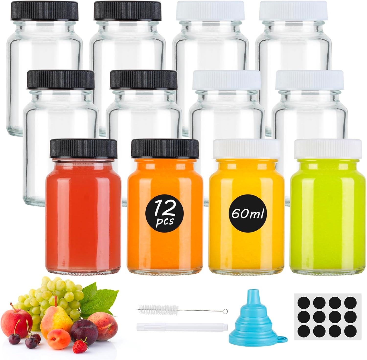 12Pcs 60Ml Glass Juice Bottles with White & Black Lids-2Oz Small Reusable Shot Bottles with Labels, Leakproof Clear Vials for Juice, Ginger, Wellness Drinks, Portable & Dishwasher Safe image number 3