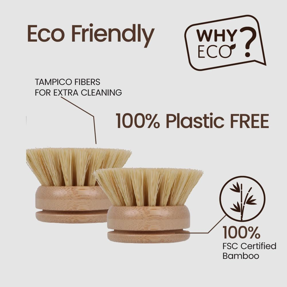 Eco Basics Plastic Free Dish Brush Refills, 2 Pack - 5X5X4.5Cm, Natural Bamboo Base, Tough Tampico Fibers, Biodegradable, Easy Clip-On Design for Sustainable Cleaning image number 6