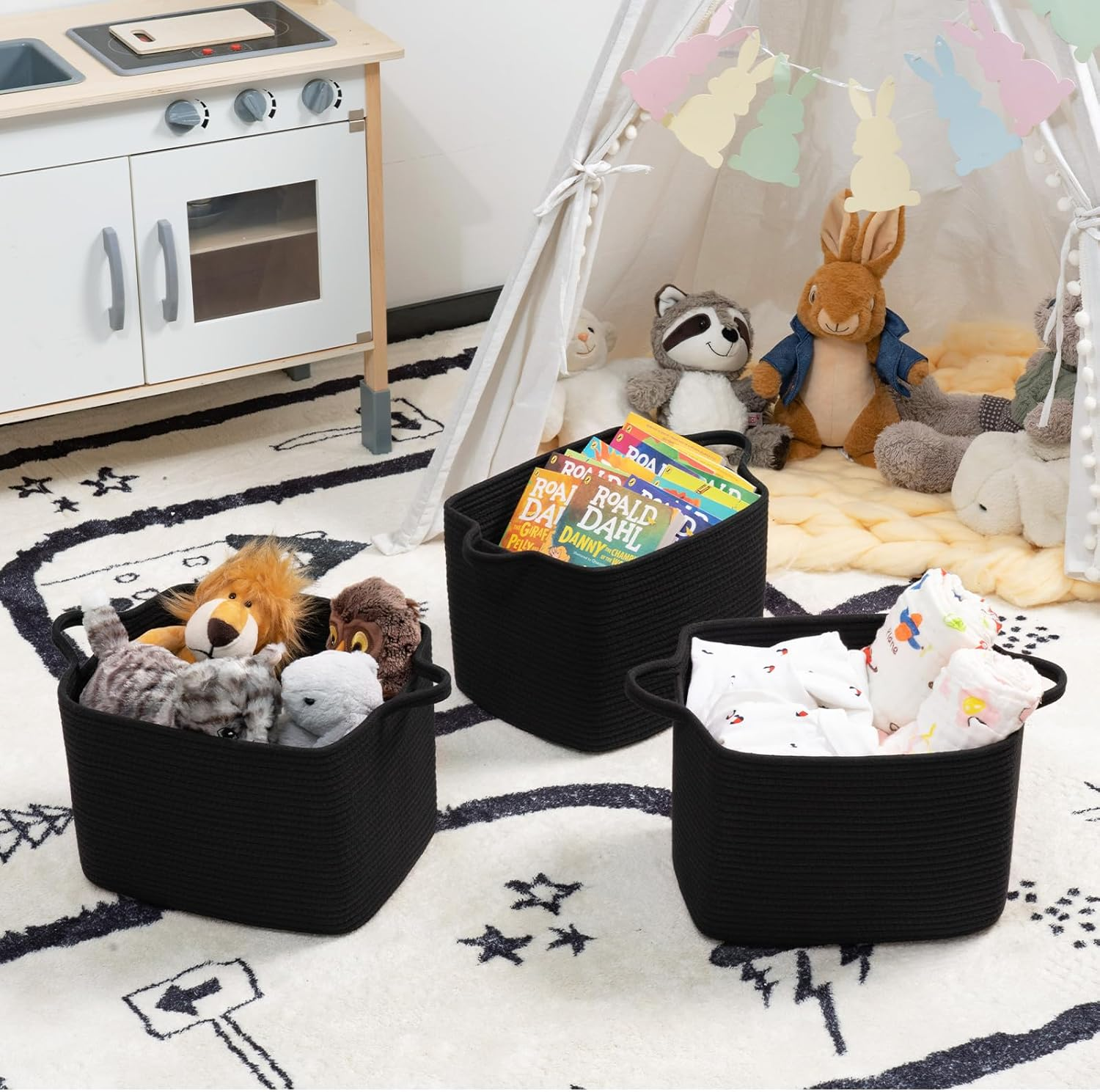 INDRESSME Woven Storage Basket, Black Baskets for Gifts, Nursery Toy Basket, Rope Baskets for Organizing, Shelf Storage, Multi-Purpose Organizer for Shoes, Clothes, Towels, Laundry 13 X 10 X 9 Inches - Grey image number 7