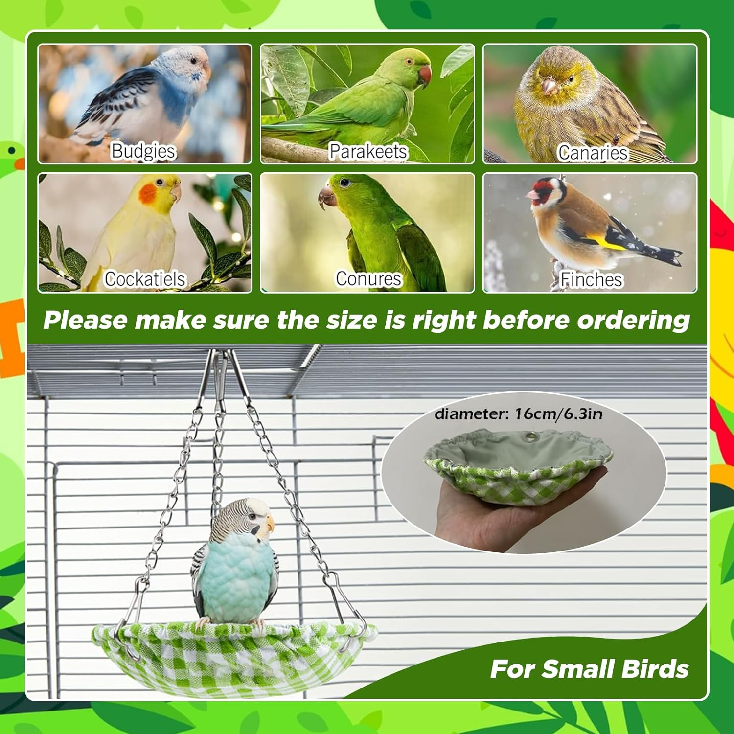 SUSOO Hanging Bird Bed with Waterproof Bite-Resistant Cotton-Linen, Skin Friendly Birds Nest Hammock Swing for Cage Accessories, Snuggle Bed House for Parrot, Conures, Parakeet, Budgies (Green) image number 5