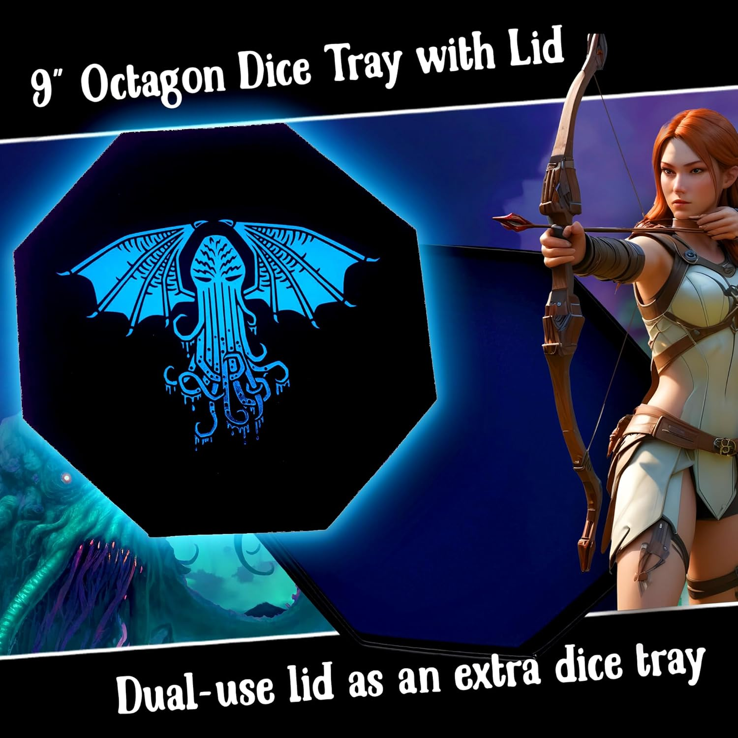 Fantasydice-Cthulhu Tome-Blue- Dice Tray - 8" Octagon with Lid and Dice Staging Area- Holds 5 Sets( 7 Dice Set/ Standard) for All Tabletop Rpgs like D&D , Call of Cthulhu, Shadowrun. image number 1