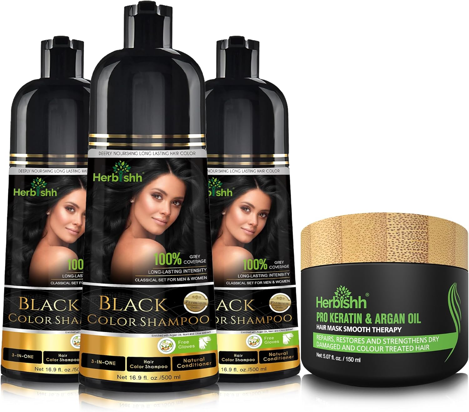 Herbishh Ultimate Hair Color Shampoo Kit (3Pcs Hair Color Shampoo Dye +1 Argan Hair Mask) Smooth and Long Lasting Color Shampoo for Grey Hair Men & Women Easy & Quick to Use-Combo4 (Black)