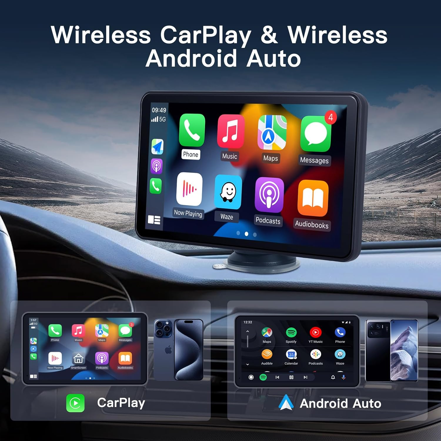 Carabc 7" Wireless Carplay & Wireless Android Auto Touch Screen Car Radio - Portable Dash Mount Adapter with GPS Navigation, Mirror Link FM Voice Control (7Inch-2) image number 3