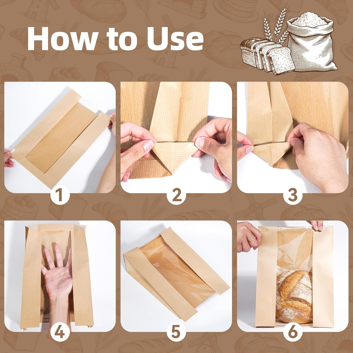 60 Pcs Paper Bread Loaf Bag Kraft Food Packaging Storage Bakery Toast Bag with Front Window, Label Seal Sticker Included (Style-1) image number 4