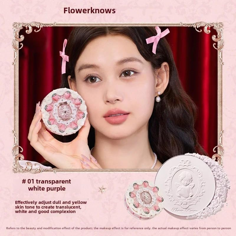 Flower Knows Strawberry Cupid Collection Pressed Powder Mineral Makeup Powder Foundation with Concealer & Finishing Vegan (C01, S) - C01 image number 6