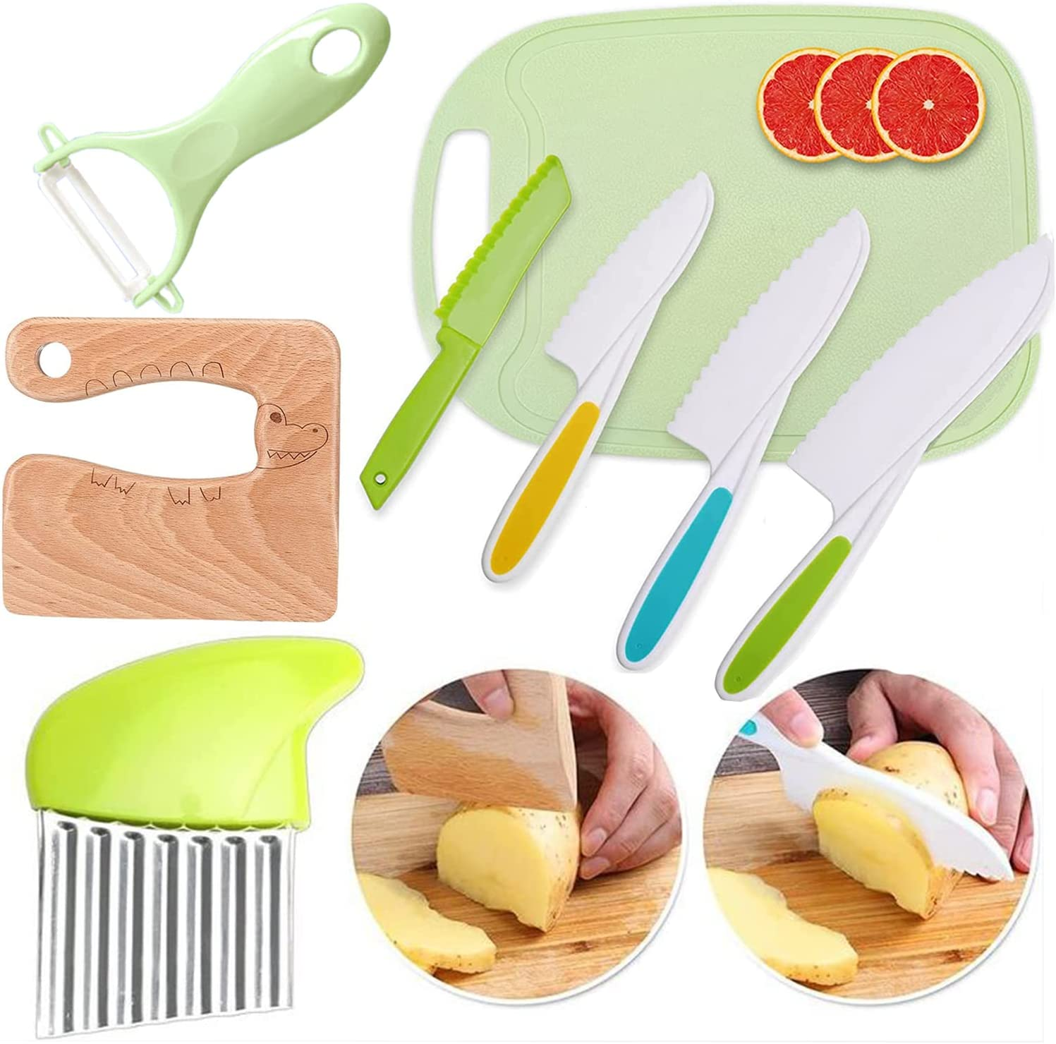 Kids Cooking Cutter Set, 8 Pcs Knife Set, Safe Knives, Wooden Kitchen Knife, Toddler Kitchen Tools for Montessori Chopper Cutting Fruit Vegetable image number 1