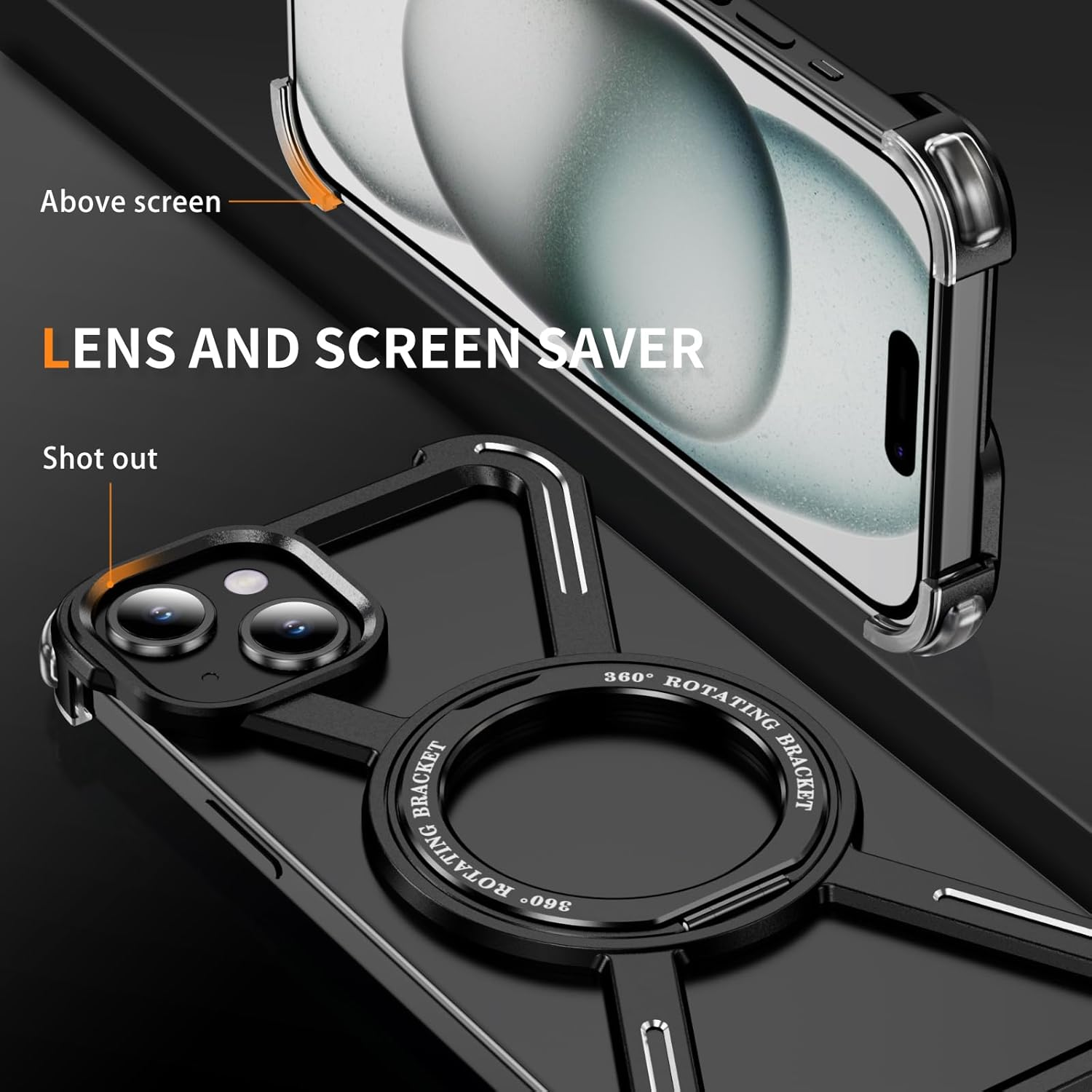 QIWEIQING Frameless Case for Iphone 15 plus 6.7 Inch Compatible with Magsafe, Bezel Less Mobile Phone Case Titanium Alloy 360&deg; Rotation Magnetic Stand Protective Case for Iphone 15 plus 6.7 Inch Black image number 1