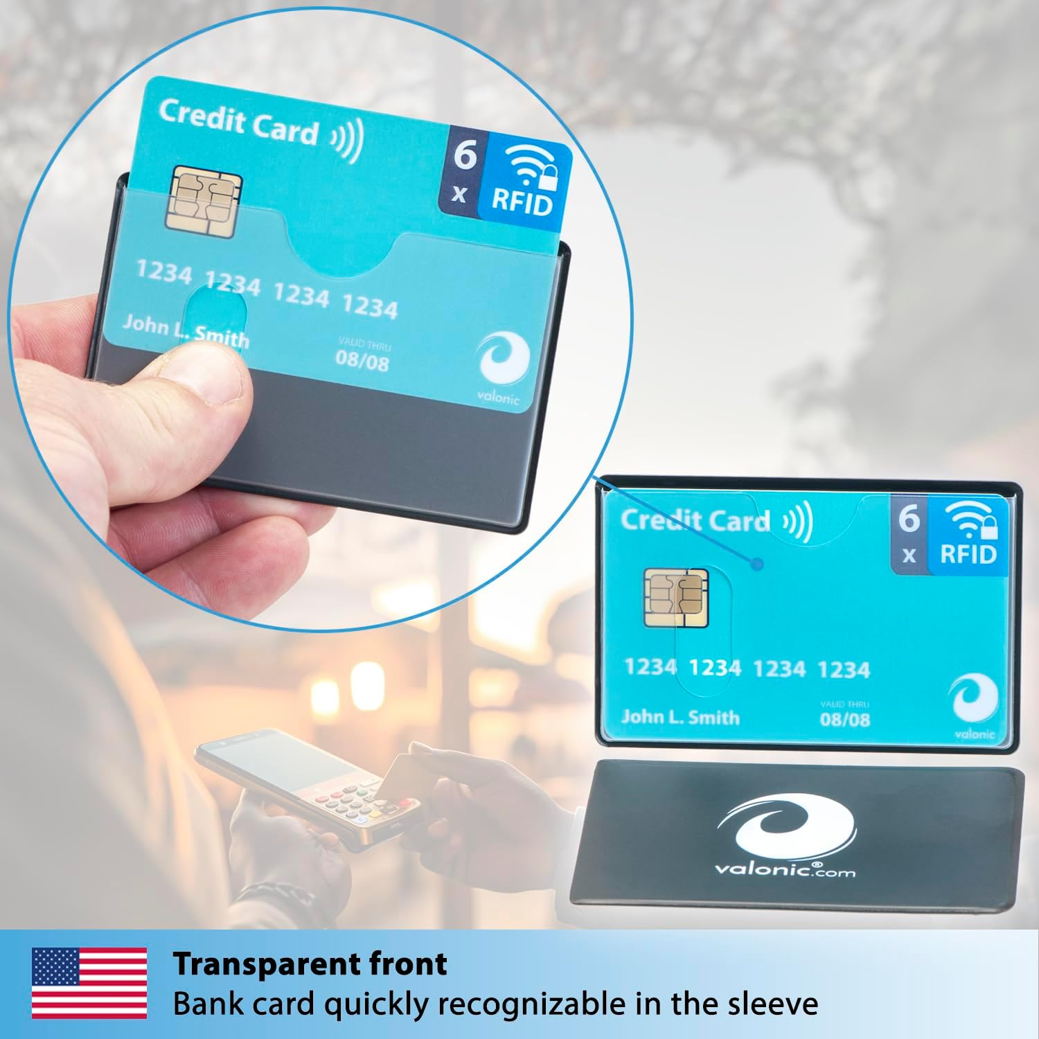 Valonic Set of 6 RFID Blocking Sleeves - Insertion from the Top, Credit Card Protector Sleeve for Wallet - Protection Block for Debit Card and Metro Card, Black/Transparent, 6 Pieces, Minimalist image number 2