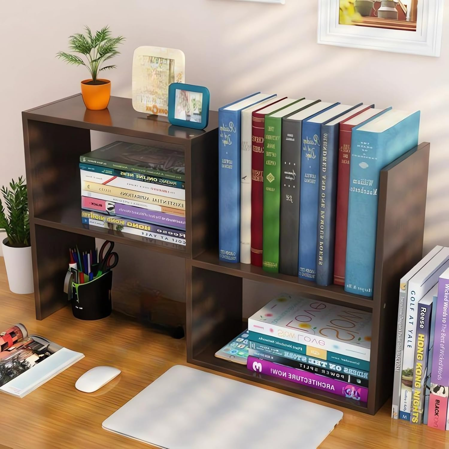 Desktop Wooden Bookshelf Organiser, Wood Bookcase, 3-Tier Storage Shelf for Books and Office Supplies A208 (A Coffee)