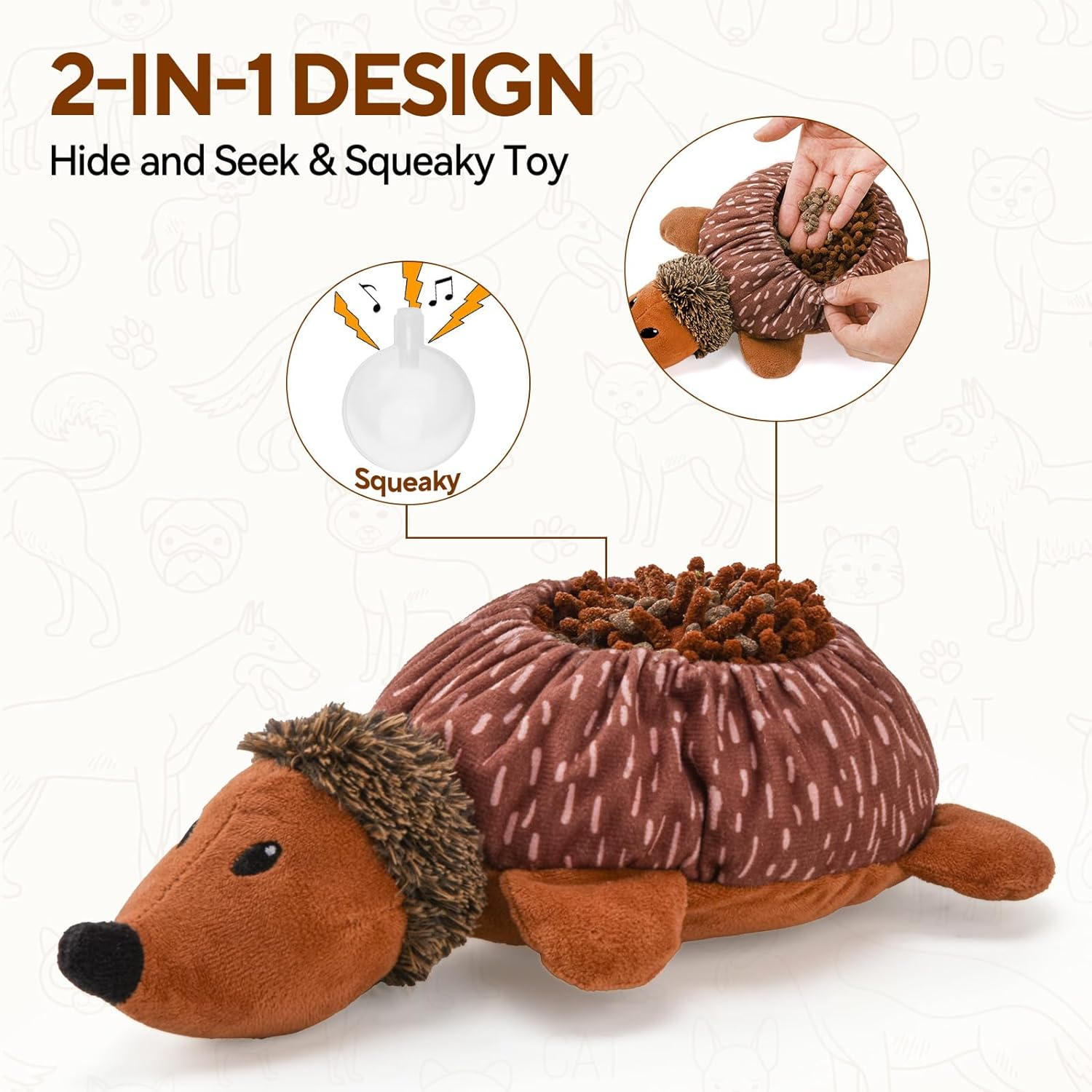 LIFLIX 2 in 1 Snuffle and Squeaky Plush Dog Toy, Treat Hiding Dog Toys, Interactive Enrichment Stuffed Toys for Small Medium Large Breeds, Hedgehog Shape