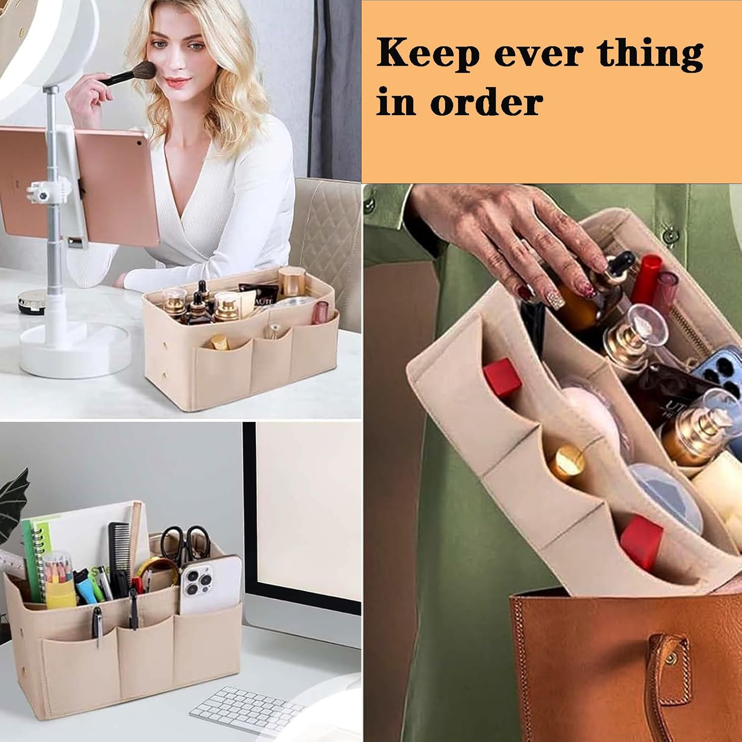 Jhzxing Interior Storage Bag with Multi-Pocket Organizer, Bag in Bag for Women with Zipper Bag, Tote Bag Organizer, Felt Handbag Organizer (M) image number 2