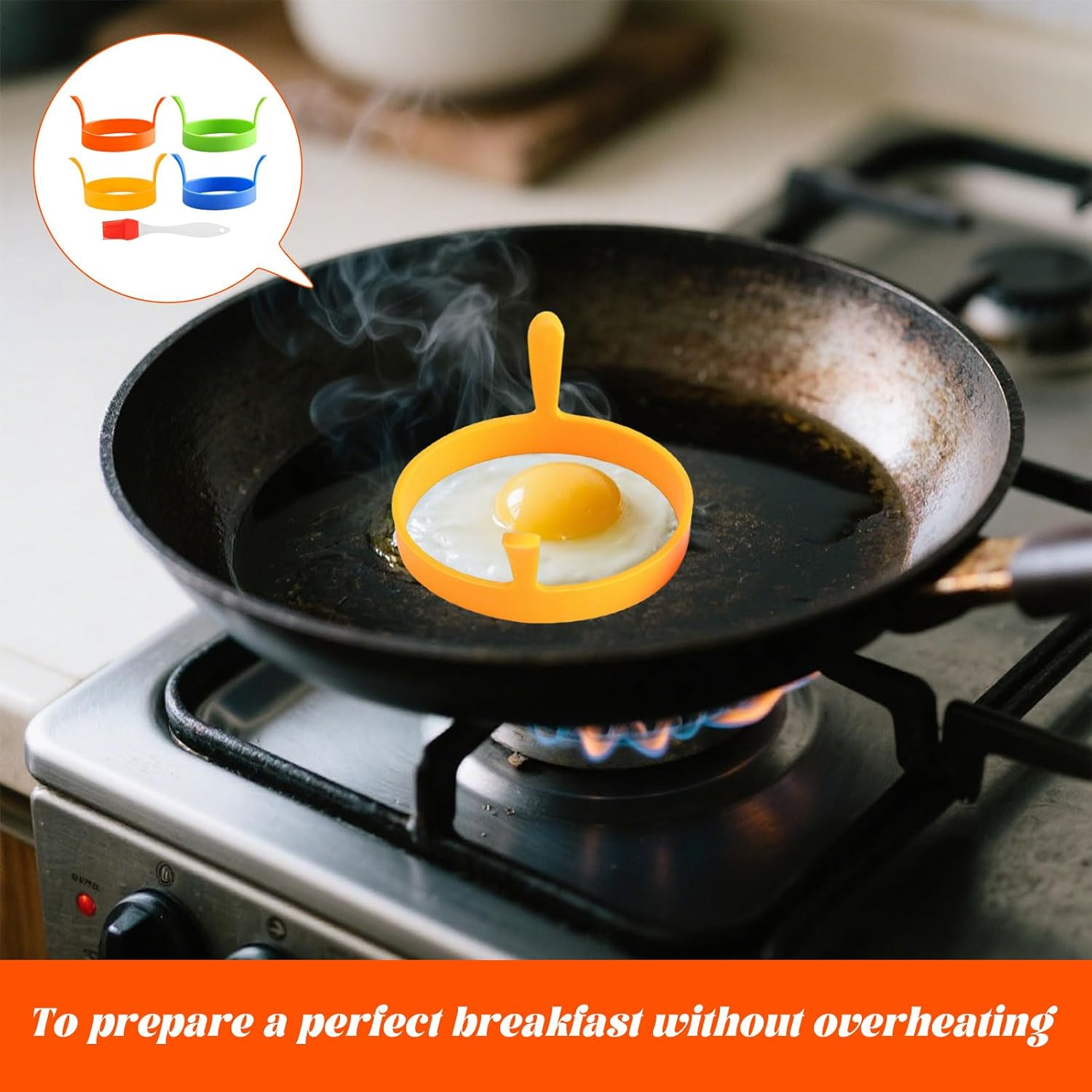 Egg Rings, 4Pcs Egg Ring, Silicone Egg Molds, Silicone Eggs Rings Mold with Brush, Kitchen Baking Tools with Easy Handles, Non-Stick Molds for Fried Eggs, Cooking, Pancakes, Breakfast Sandwiches image number 5