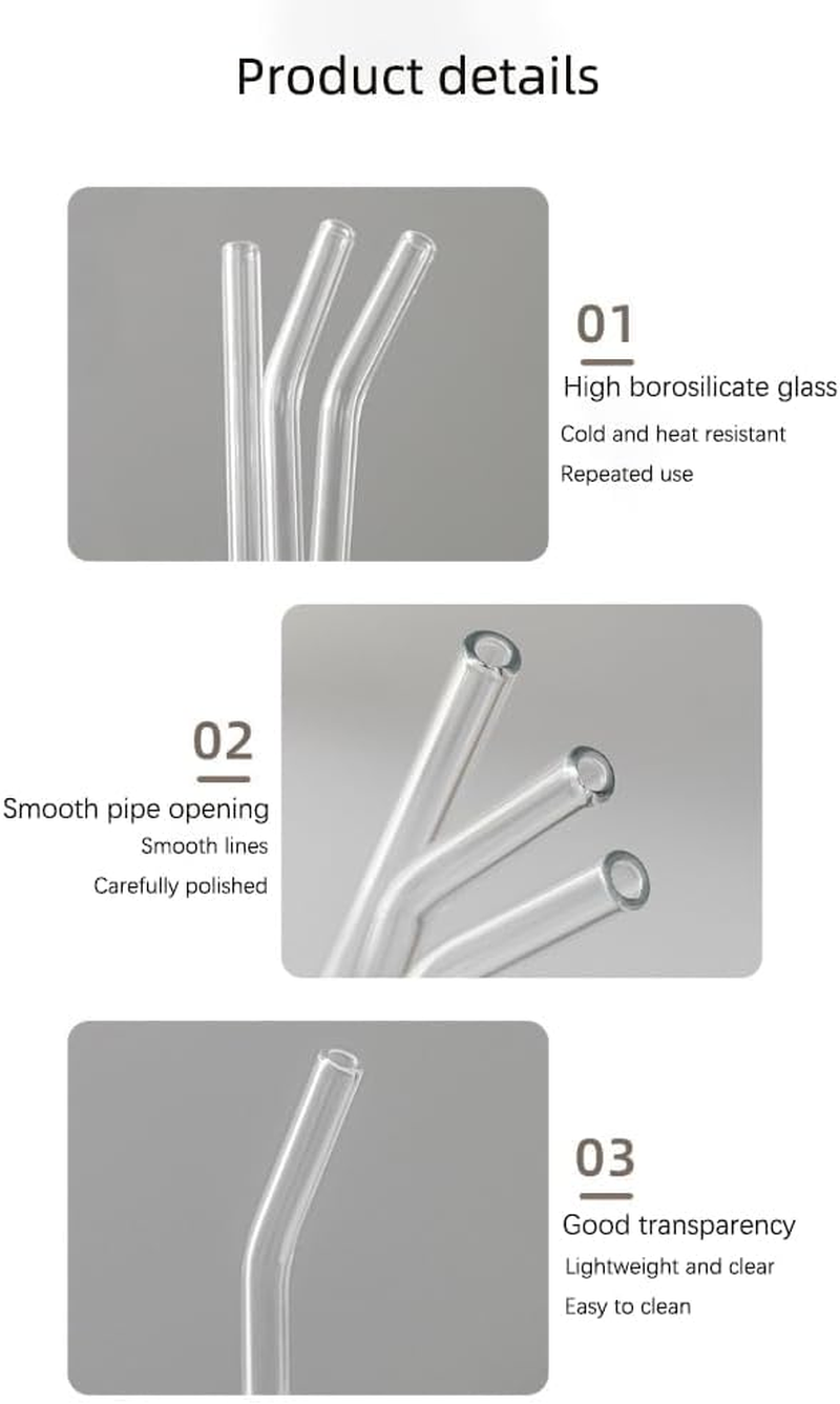 12 Reusable Borosilicate Glass Straws and Brushes, Measuring 7 Inches X 8 Millimeters, Including 10 Straight Tubes and 2 Brushes, Reusable Straw Brushes for Juice, Coffee, and Cocktails image number 2