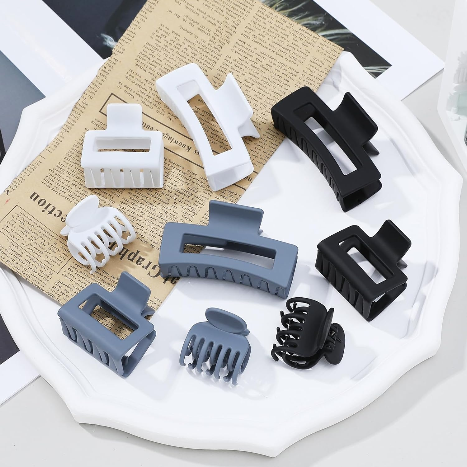 3 Style Claw Hair Clips Set for Women - 9 Pcs Medium Rectangle Clips for Thick Hair, Square Clips for Thin Hair - Grey image number 6